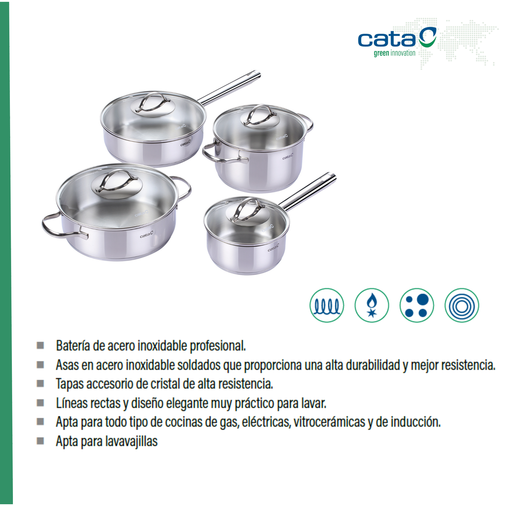 Ollas y sartenes de acero inoxidable con tapas de cristal.