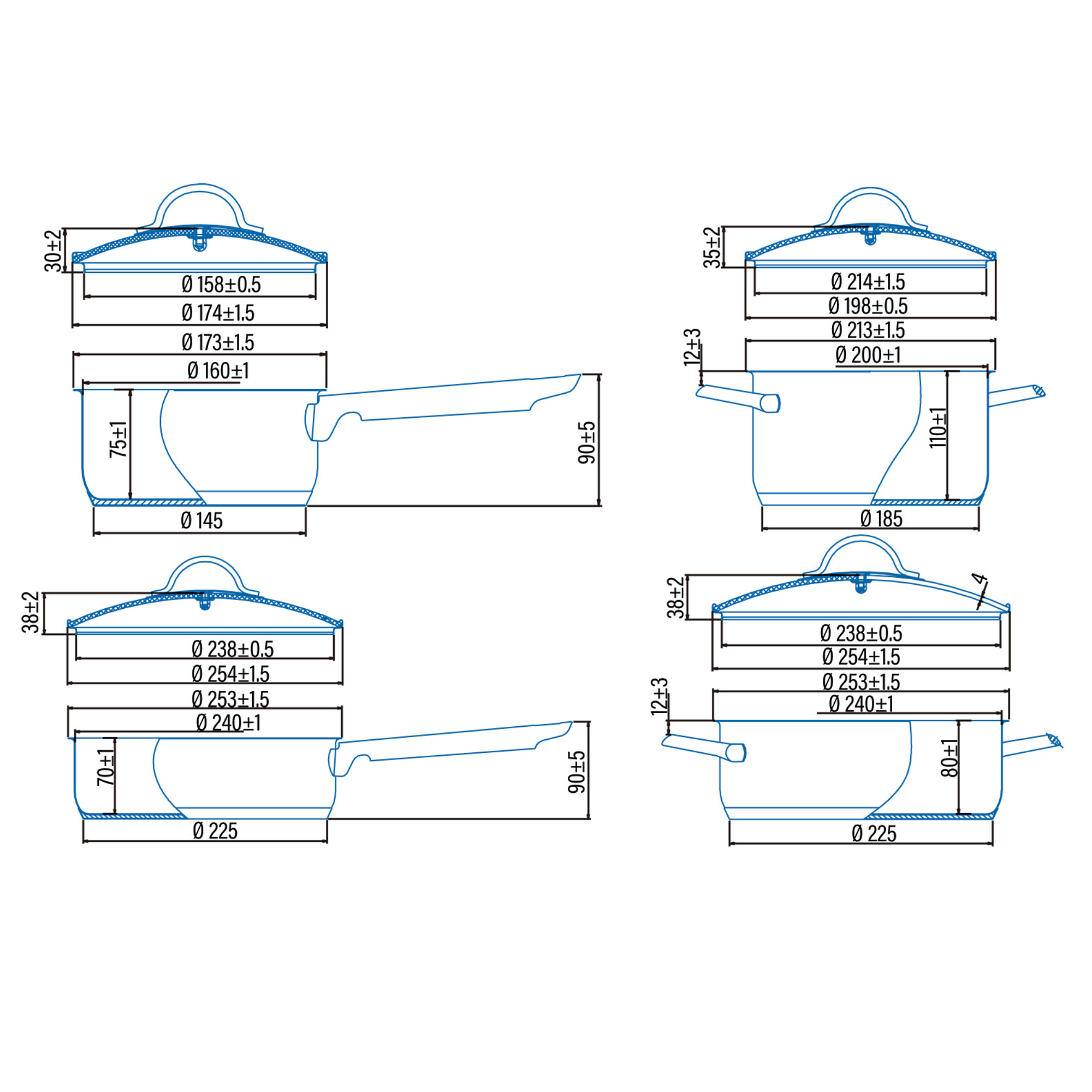 Diagrama de sartenes con dimensiones, vistas lateral y superior. Fondo blanco, líneas azules.