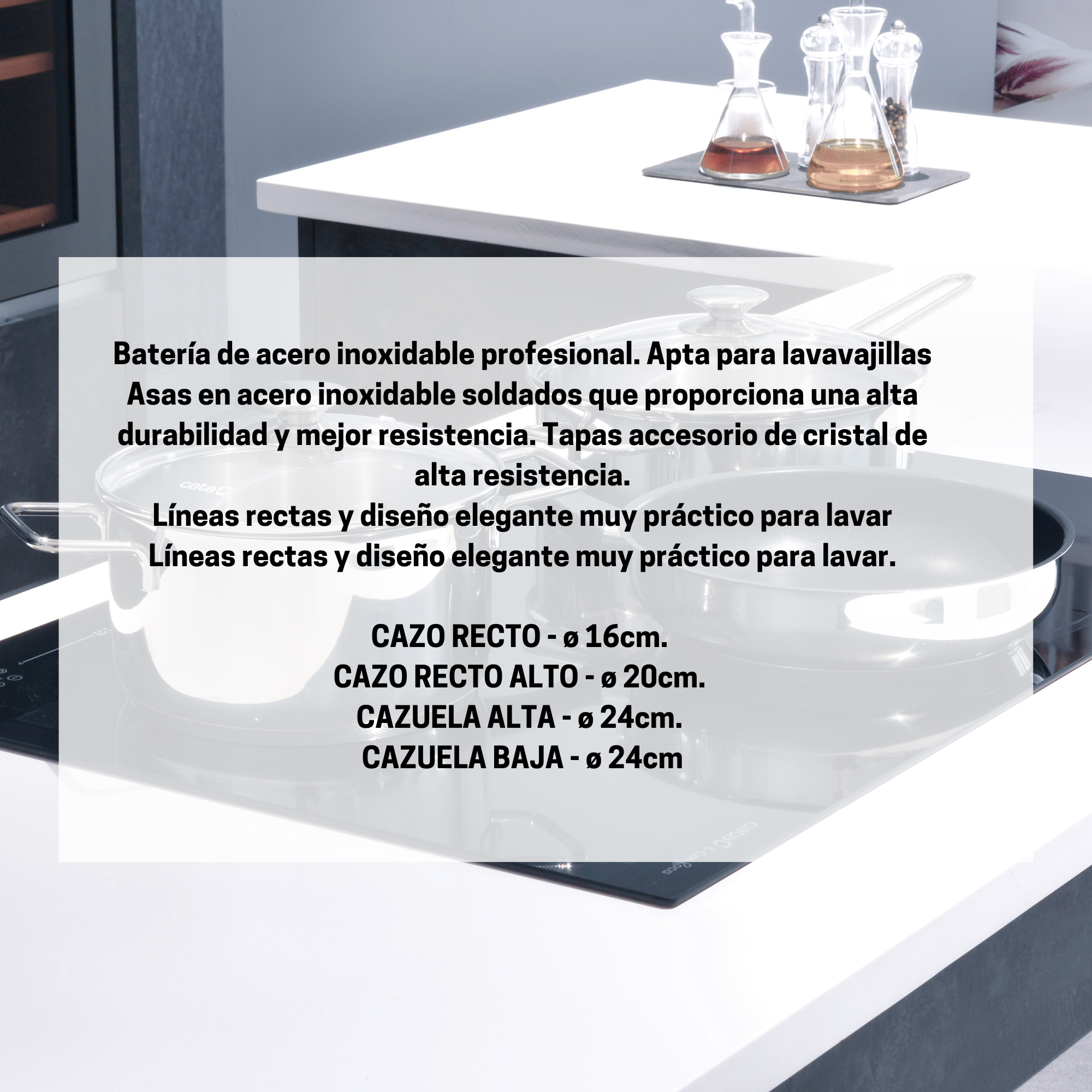 Ollas de acero inoxidable sobre superficie blanca. Tapas de vidrio. Utensilios de cocina atrás.