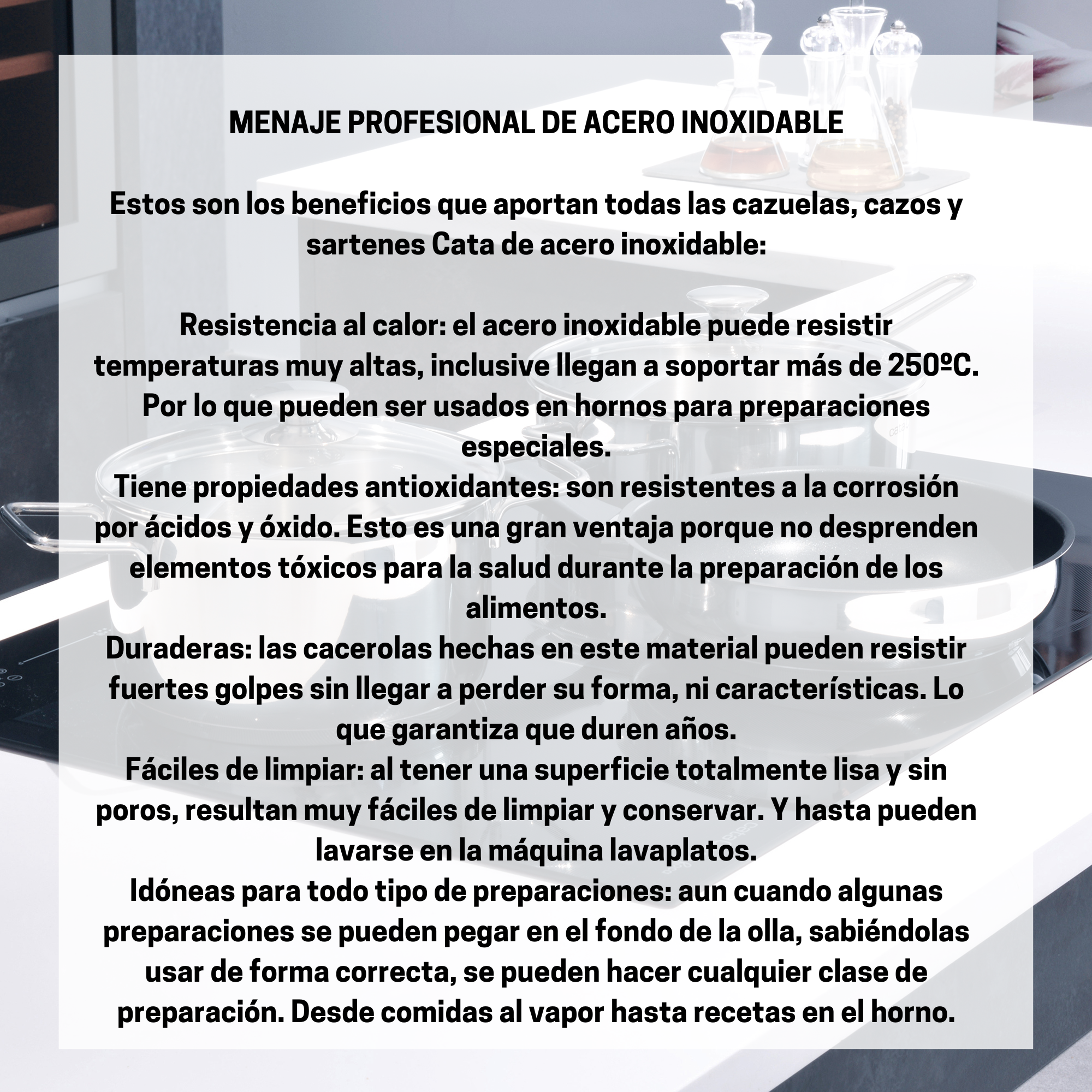 Texto sobre fondo blanco explica los beneficios de los utensilios de cocina de acero inoxidable, incluida la resistencia al calor.