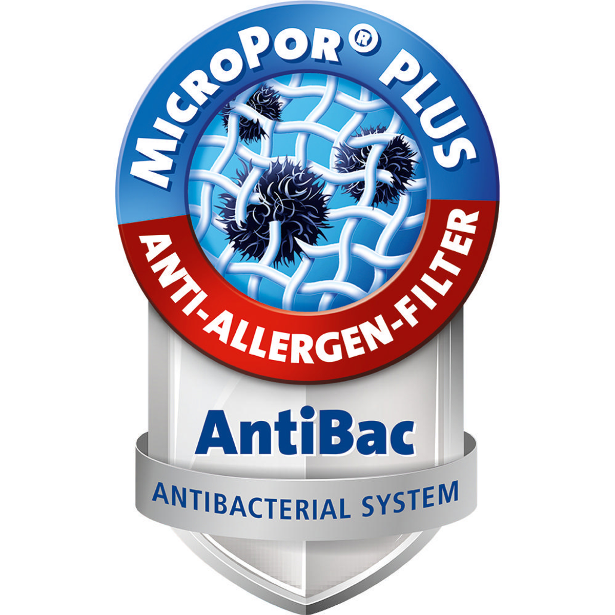 Ein runder blau-roter Filter mit dem Text "MICROPOR PLUS ANTI-ALLERGEN-FILTER".