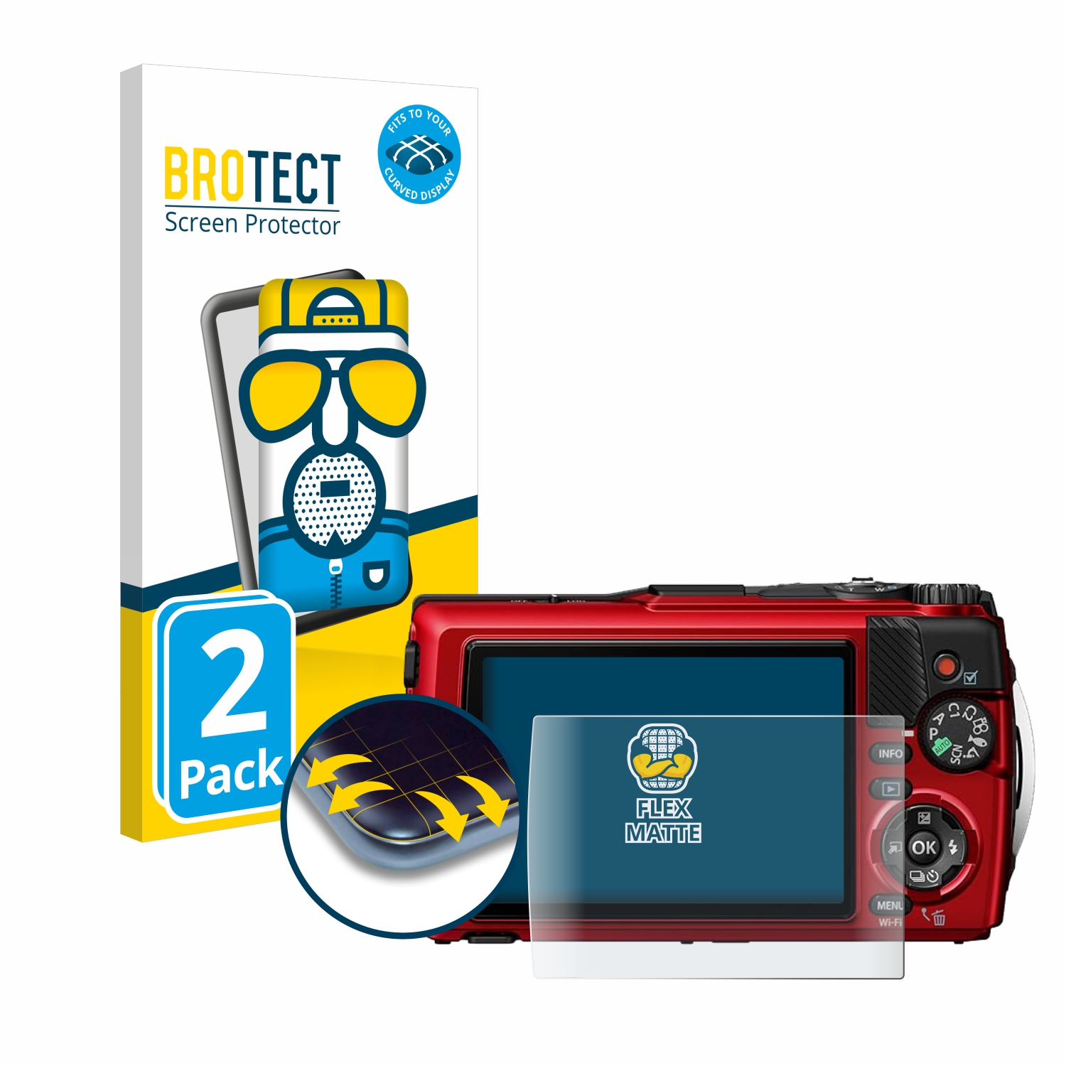 Rote Kamera mit Displayschutz und Box. Doppelpack Displayschutz.