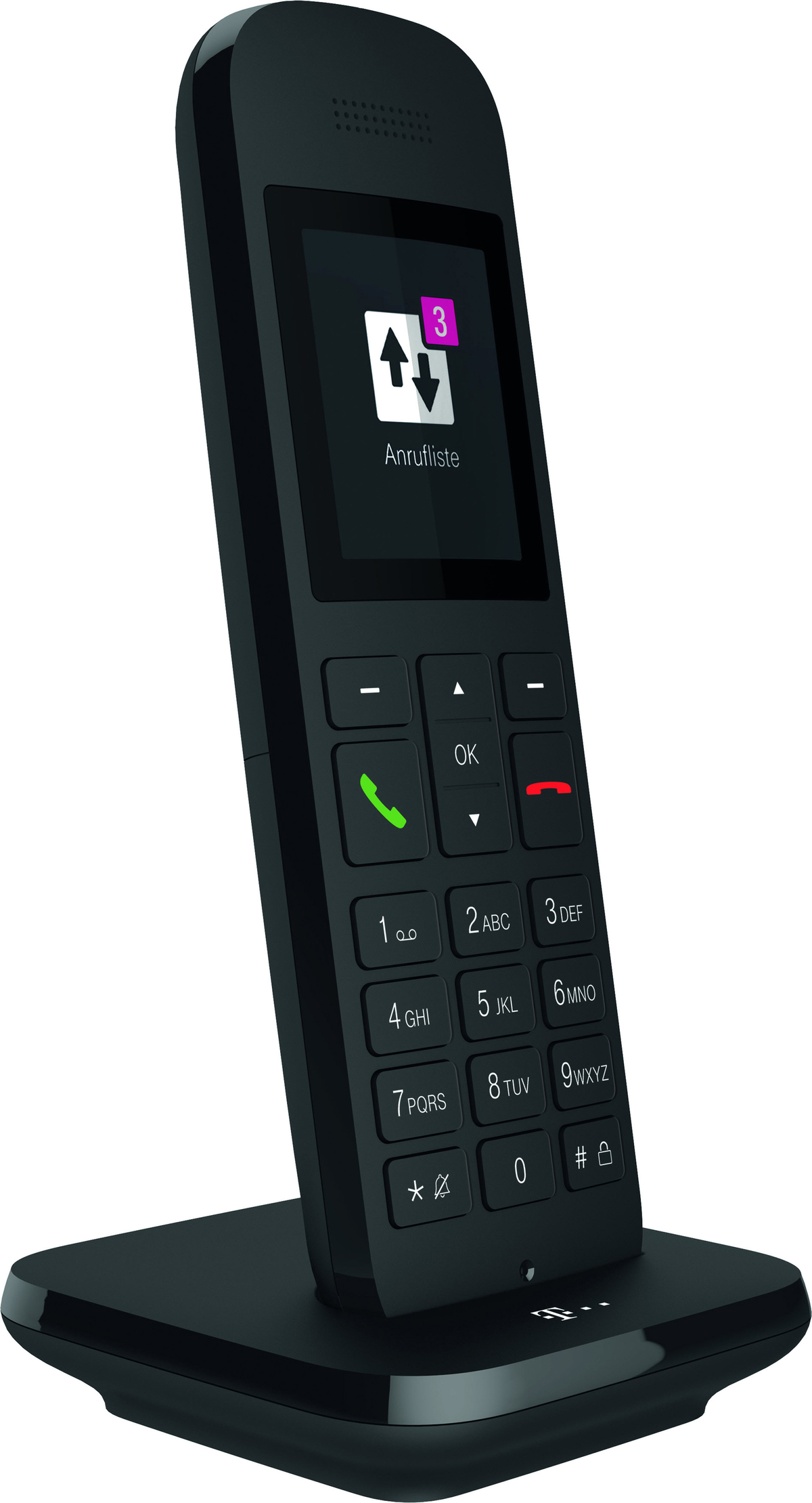 A black cordless phone on a black charging base. The phone displays a notification.