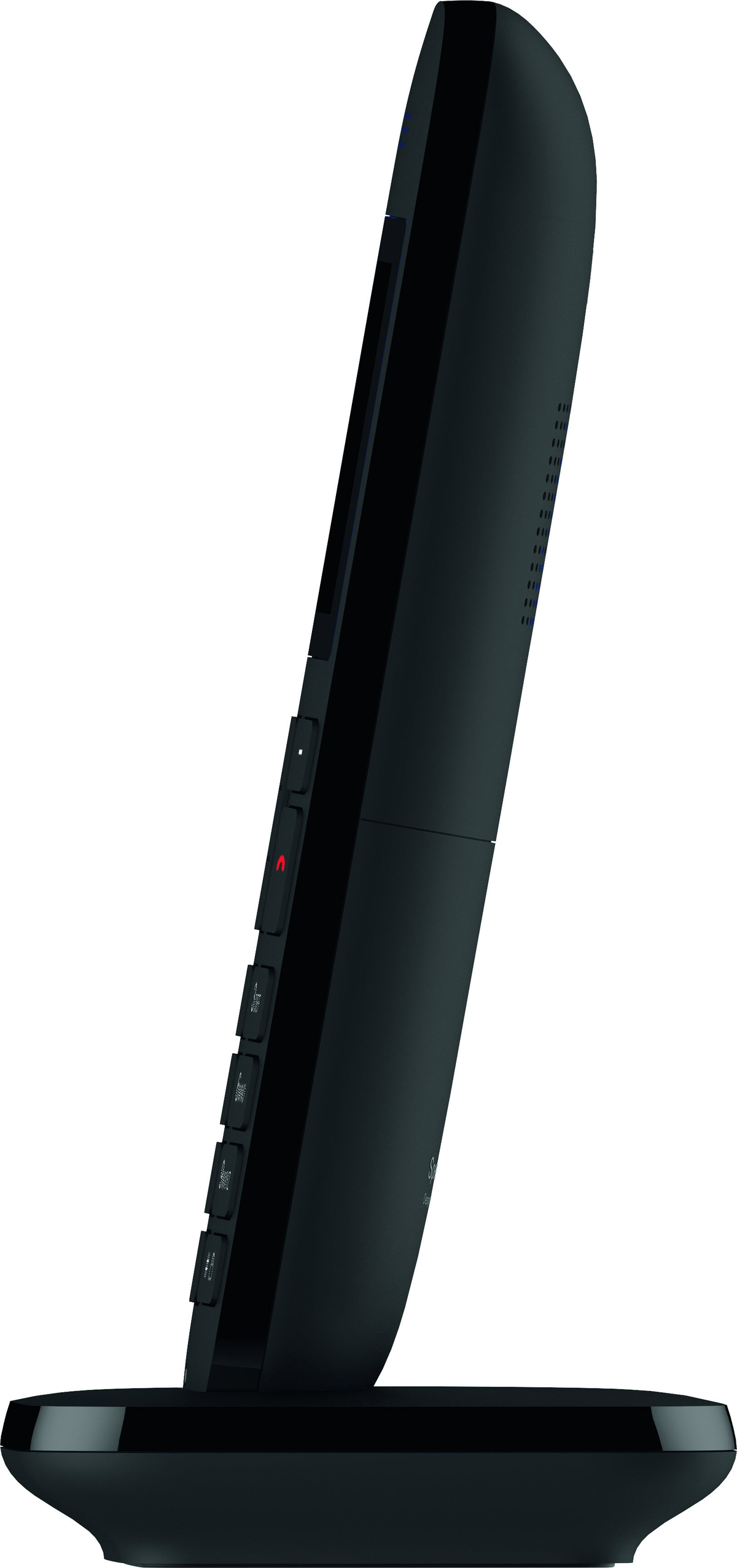 A side view of a sleek black cordless phone in its charging base. The buttons are visible.