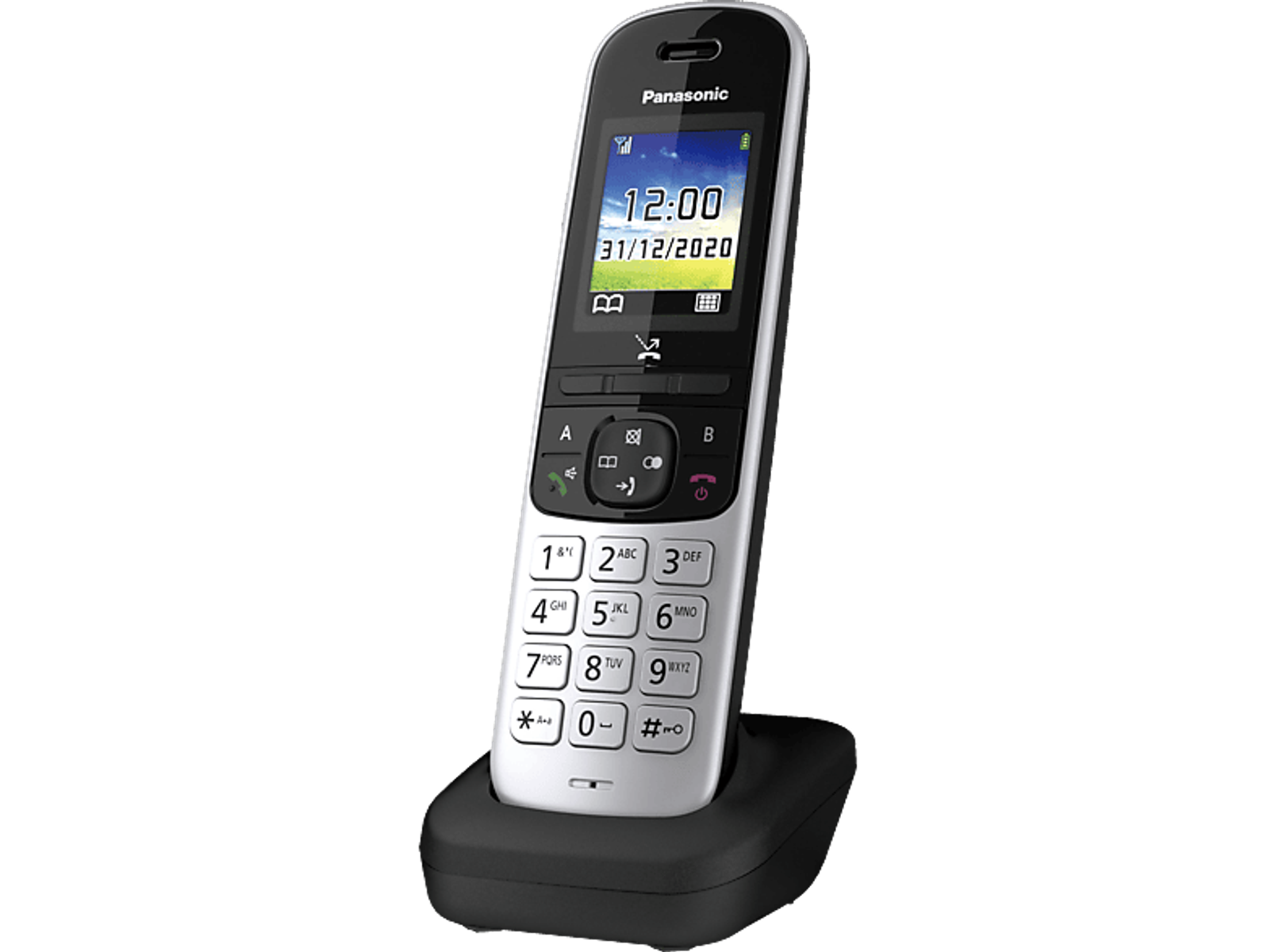 Telefono cordless Panasonic su base di ricarica, nero e argento, schermo mostra data/ora.