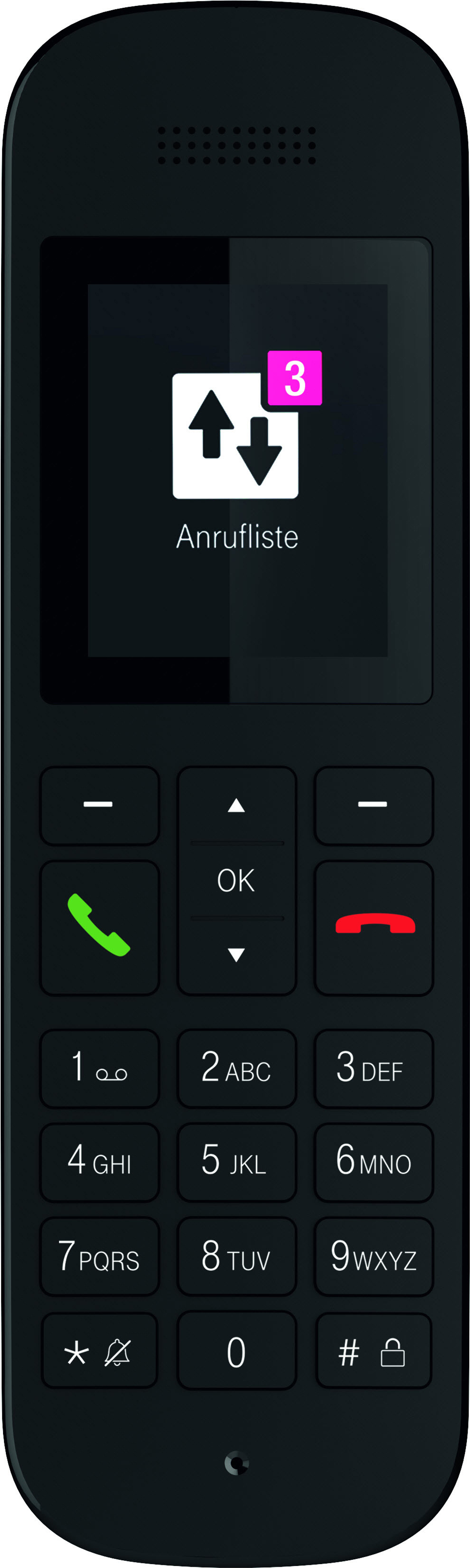 A black cordless phone stands on its base. The screen shows a menu with a list icon.