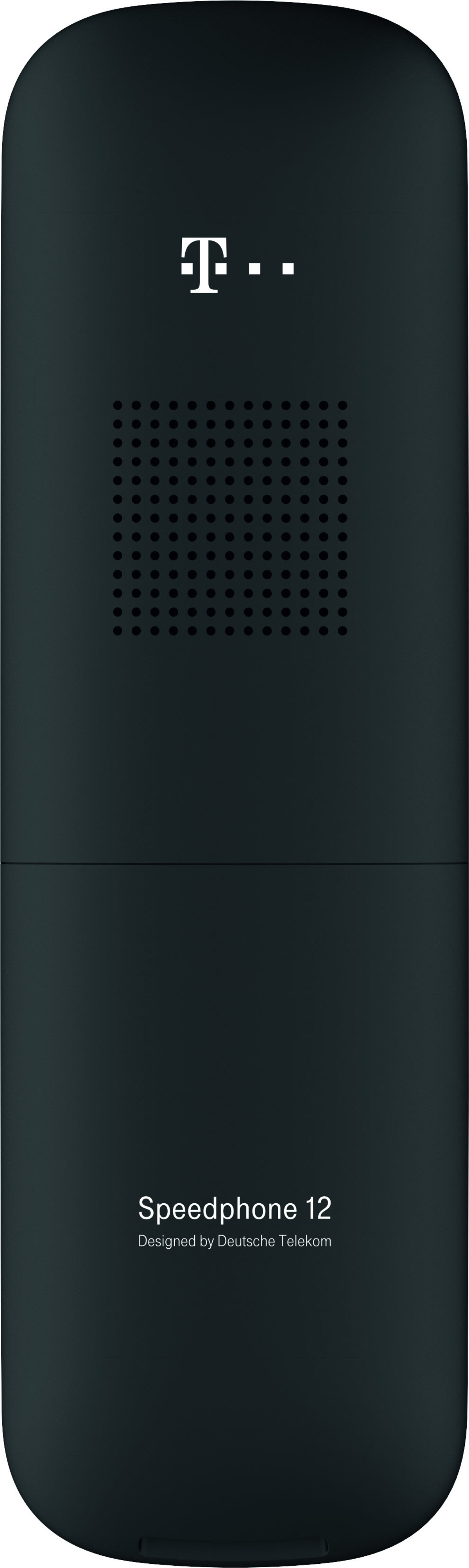 The back of a black cordless phone. The Speedphone 12 logo is visible. Designed by Deutsche Telekom.