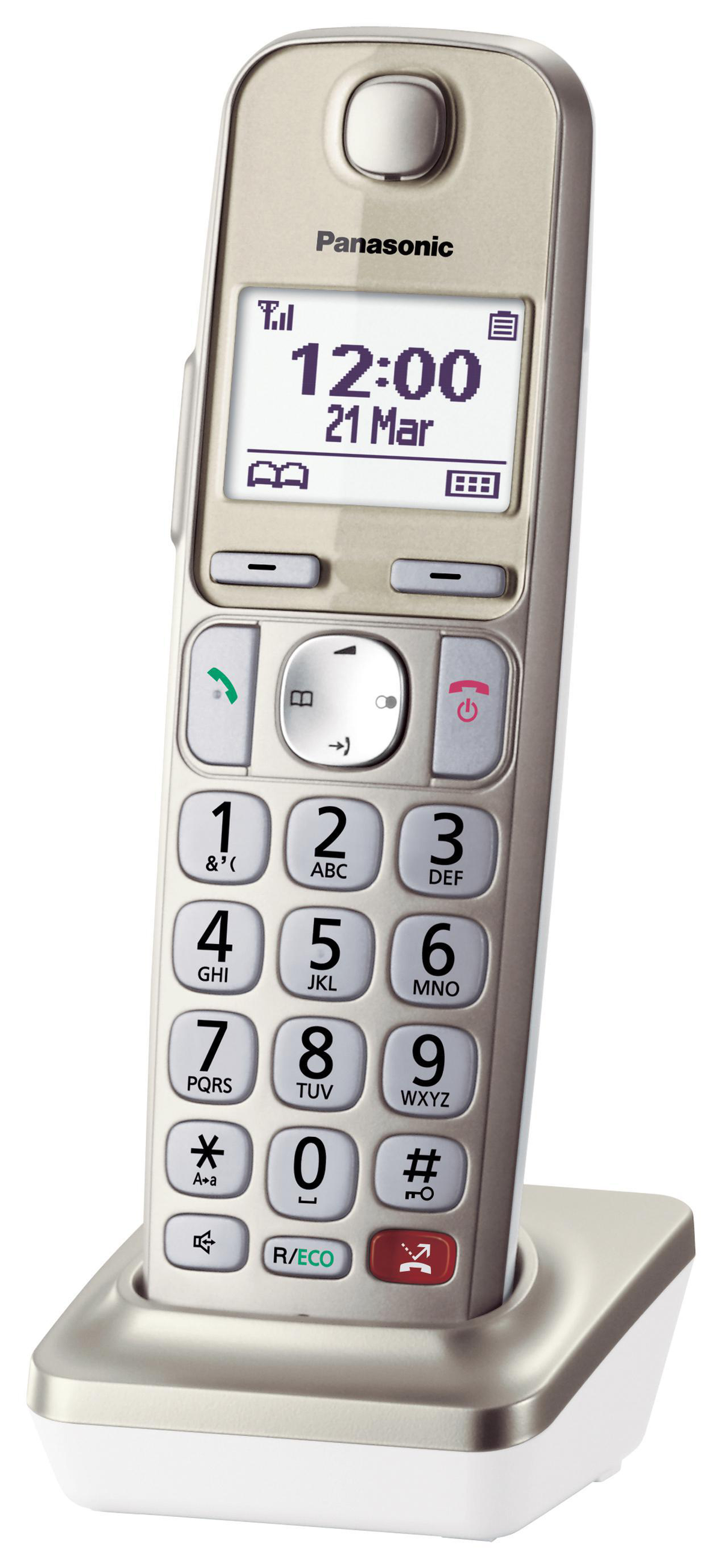 Telefono cordless Panasonic argento e bianco su una base.