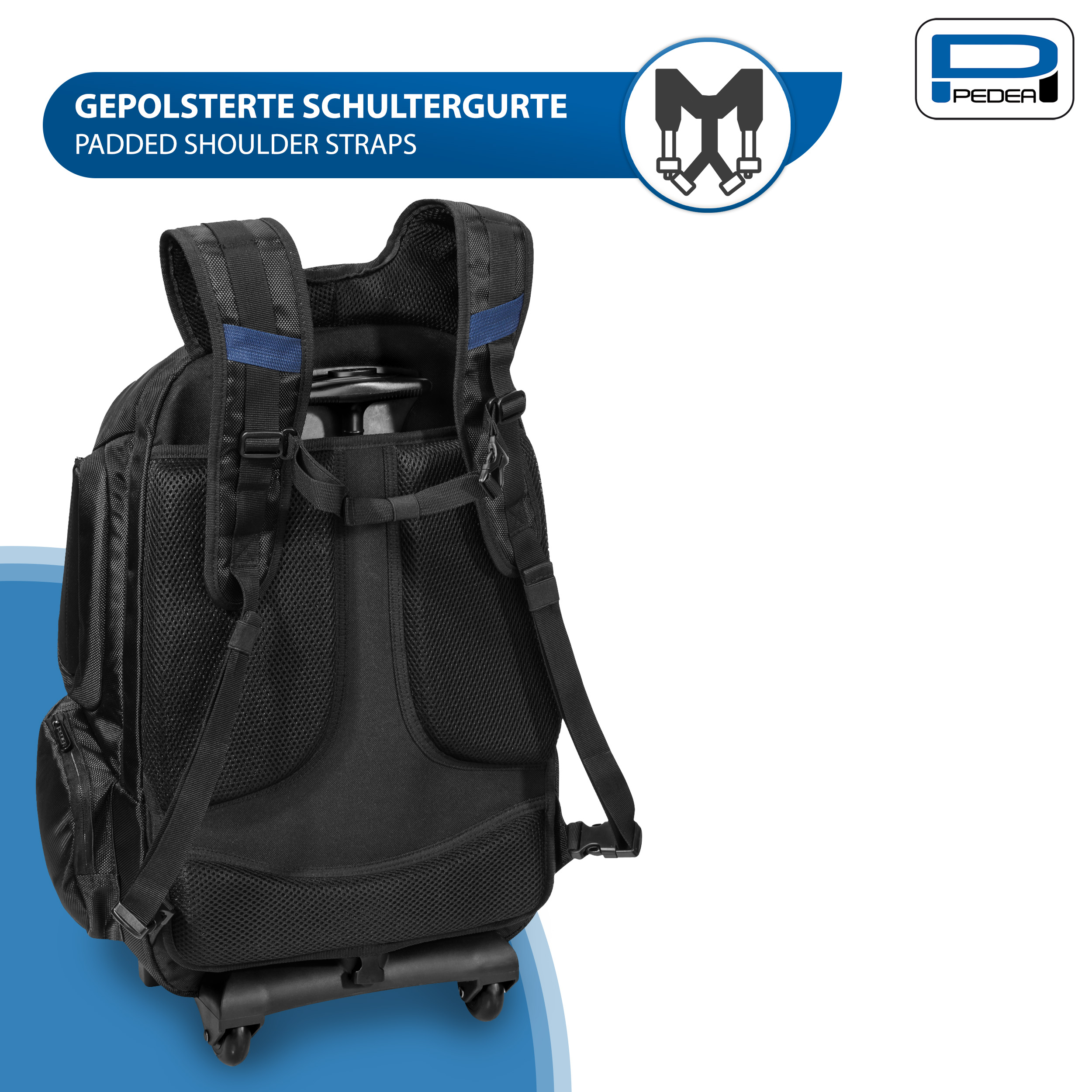 Ein schwarzer Rucksack mit Rollen und einem blauen Streifen an den Schultergurten.