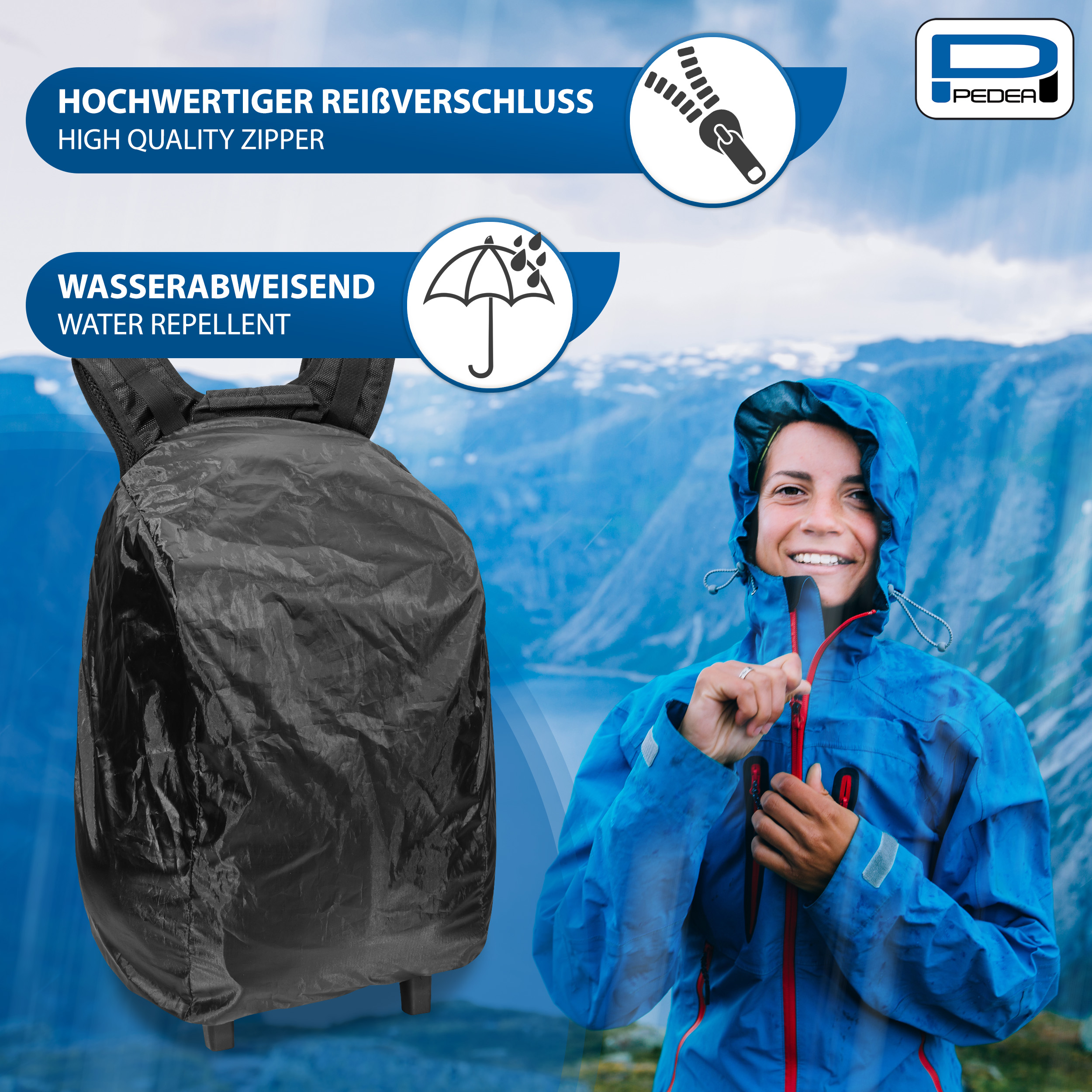 Rucksackabdeckung mit Text für hochwertigen Reißverschluss und wasserabweisend, mit Frau.