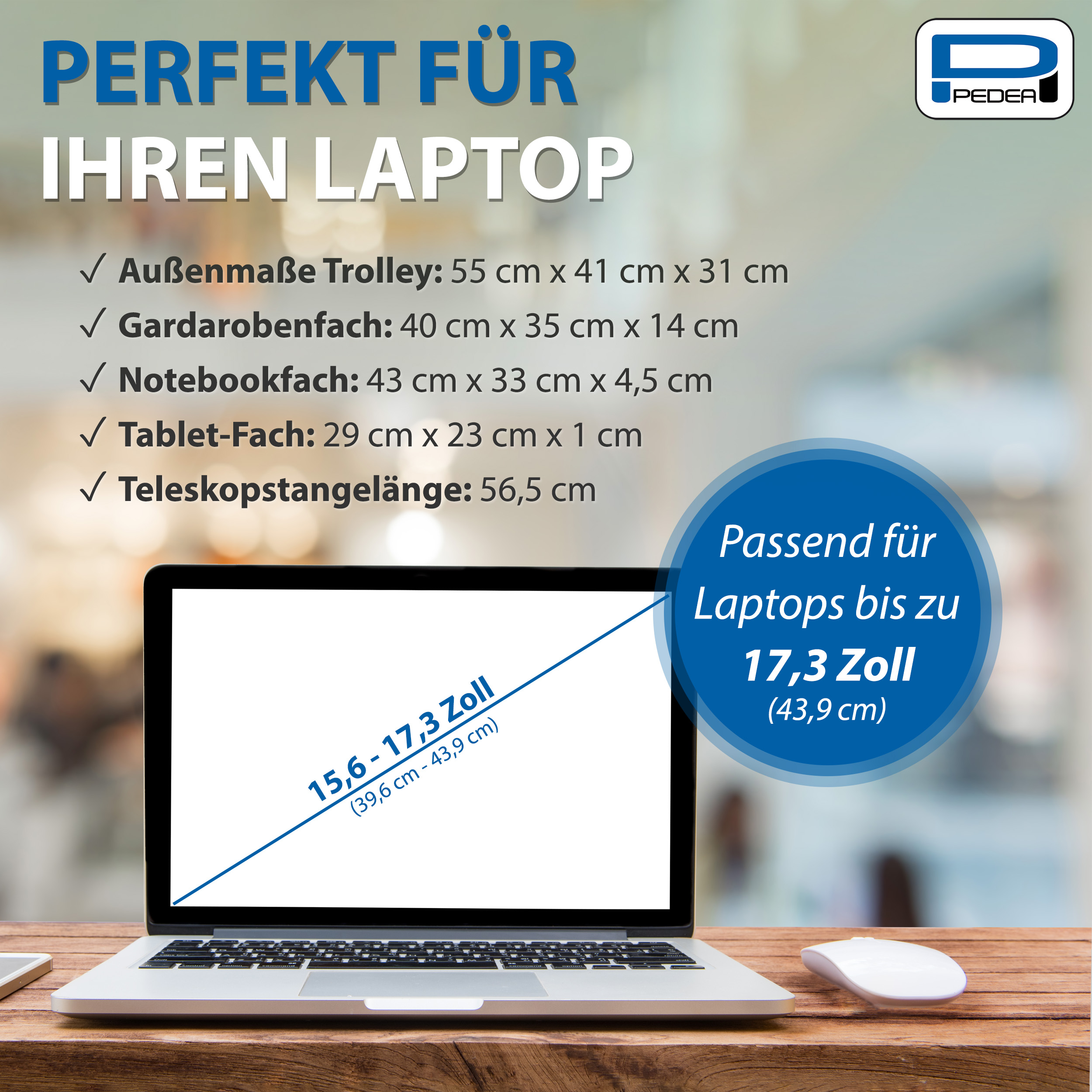Ein Laptop auf einem Schreibtisch mit Maßen und Text, eine Maus und ein verschwommener Hintergrund.