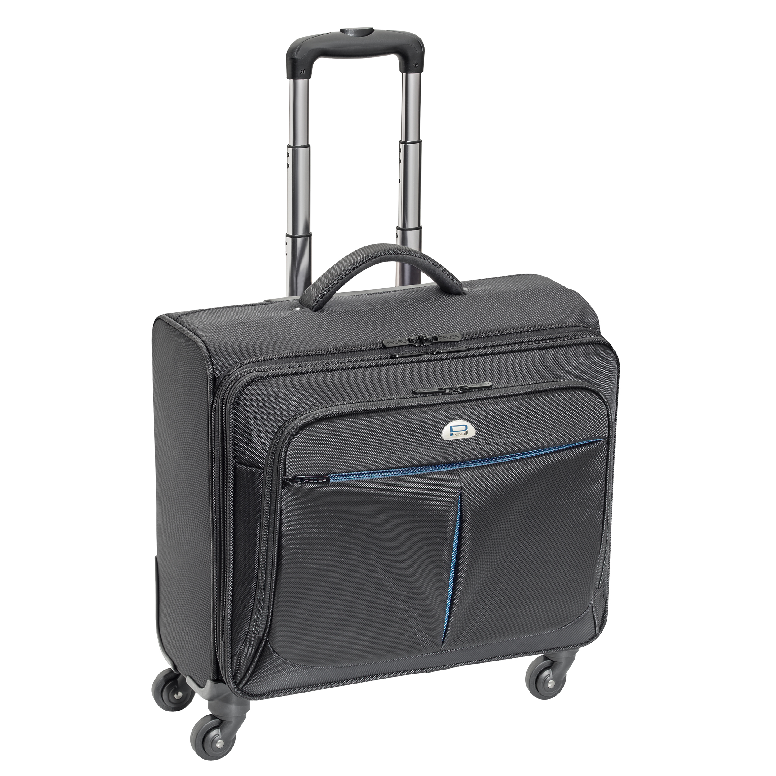 Ein schwarzer Rollkoffer mit ausgezogenem Griff. Er hat eine Vordertasche mit blauer Blende und Räder.