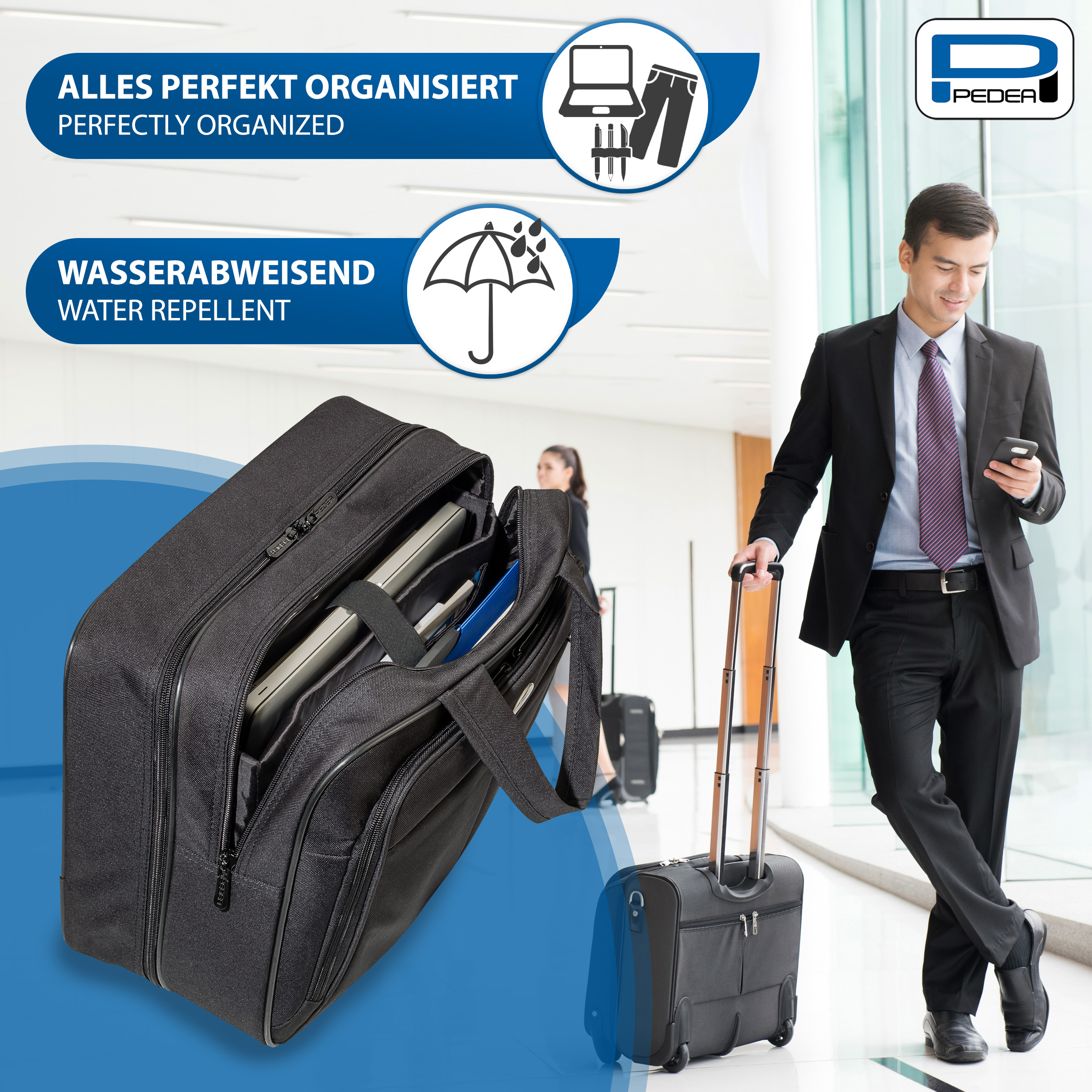 Mann im Anzug mit Aktentasche und Koffer, mit Text über Organisation und Wasserfestigkeit.