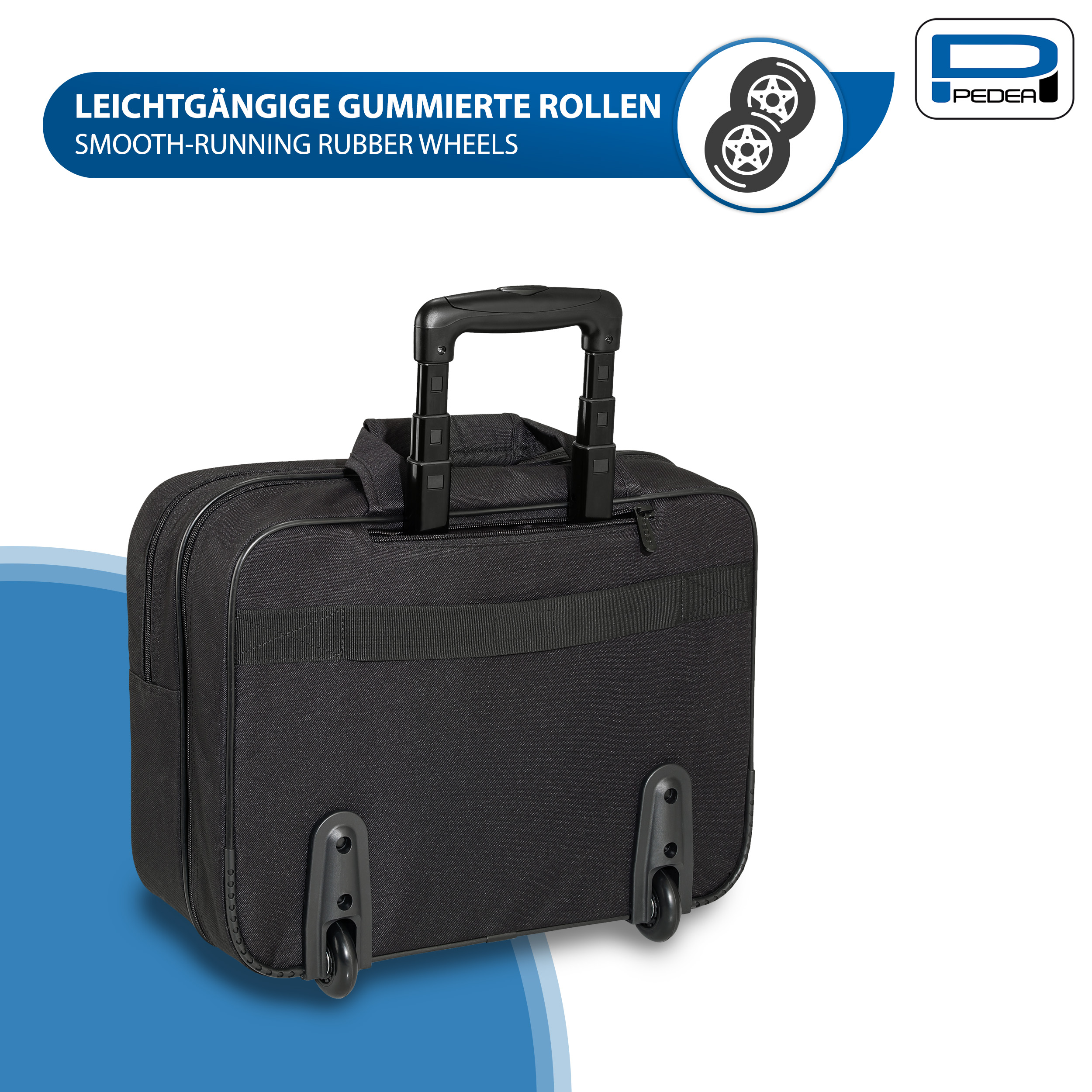 Schwarzer Rollkoffer mit Griff und zwei Rädern. Text: Leichtgängige Gummiräder.