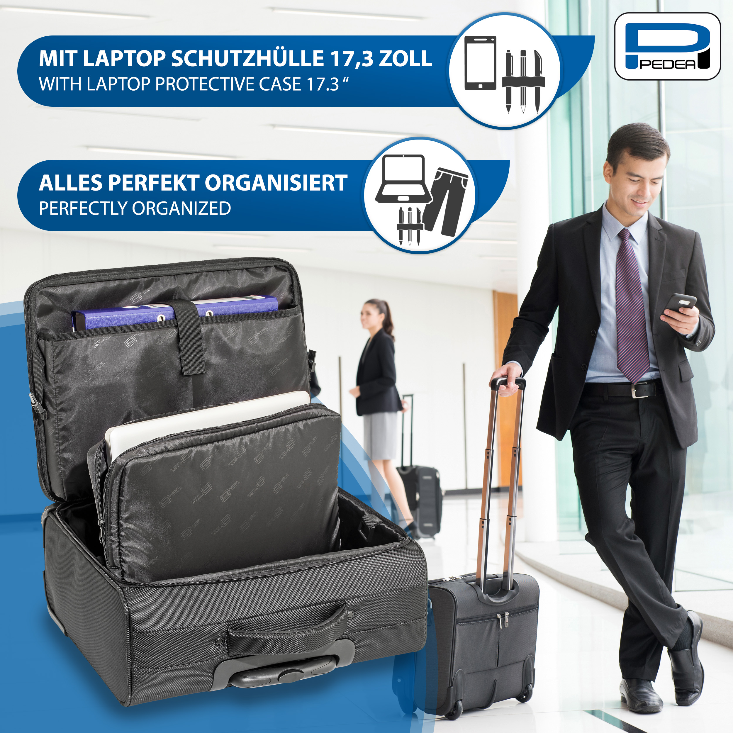Mann im Anzug mit Gepäck, Text über Laptopschutz.
