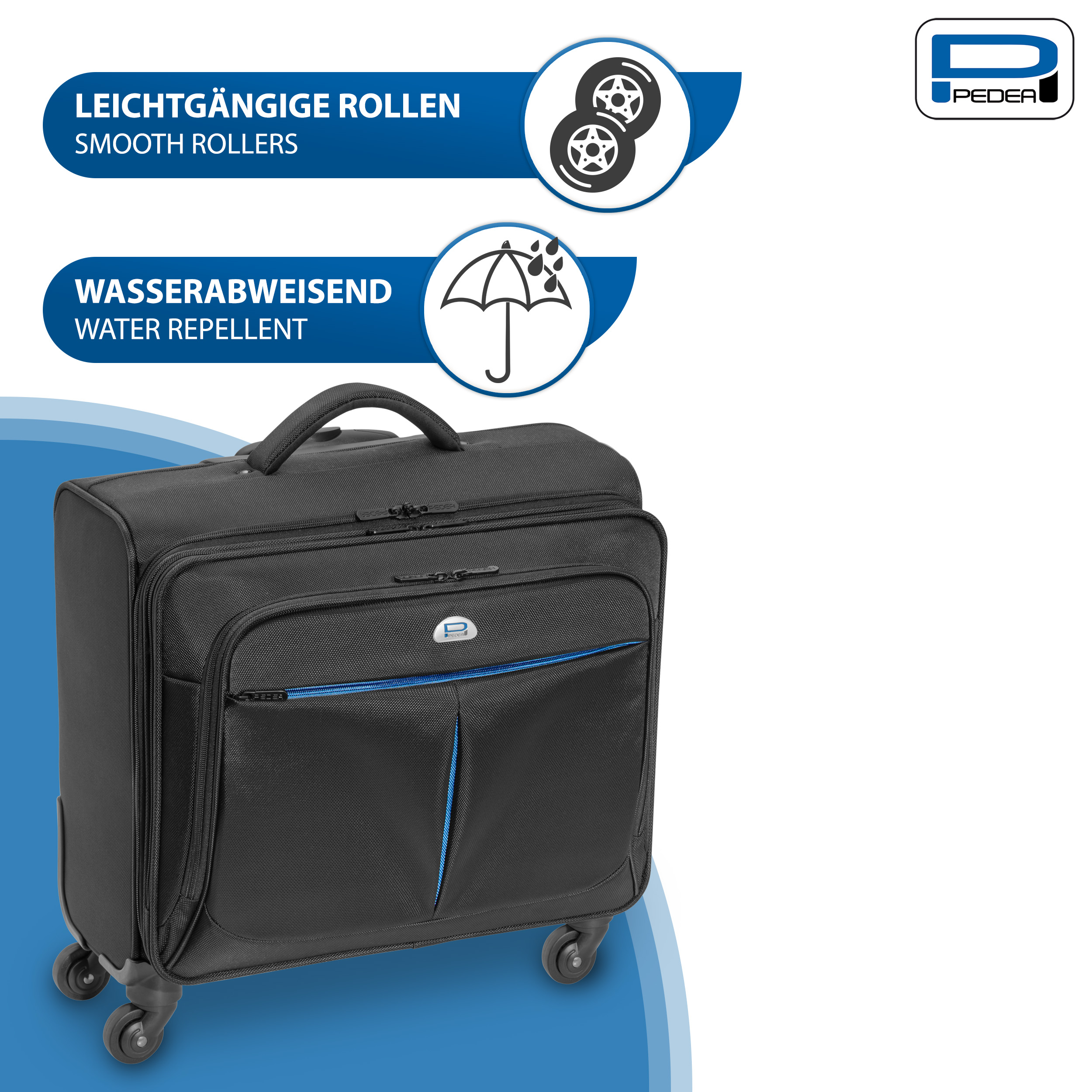 Schwarzer Rollkoffer mit blauen Akzenten. Weißer Hintergrund mit Text.