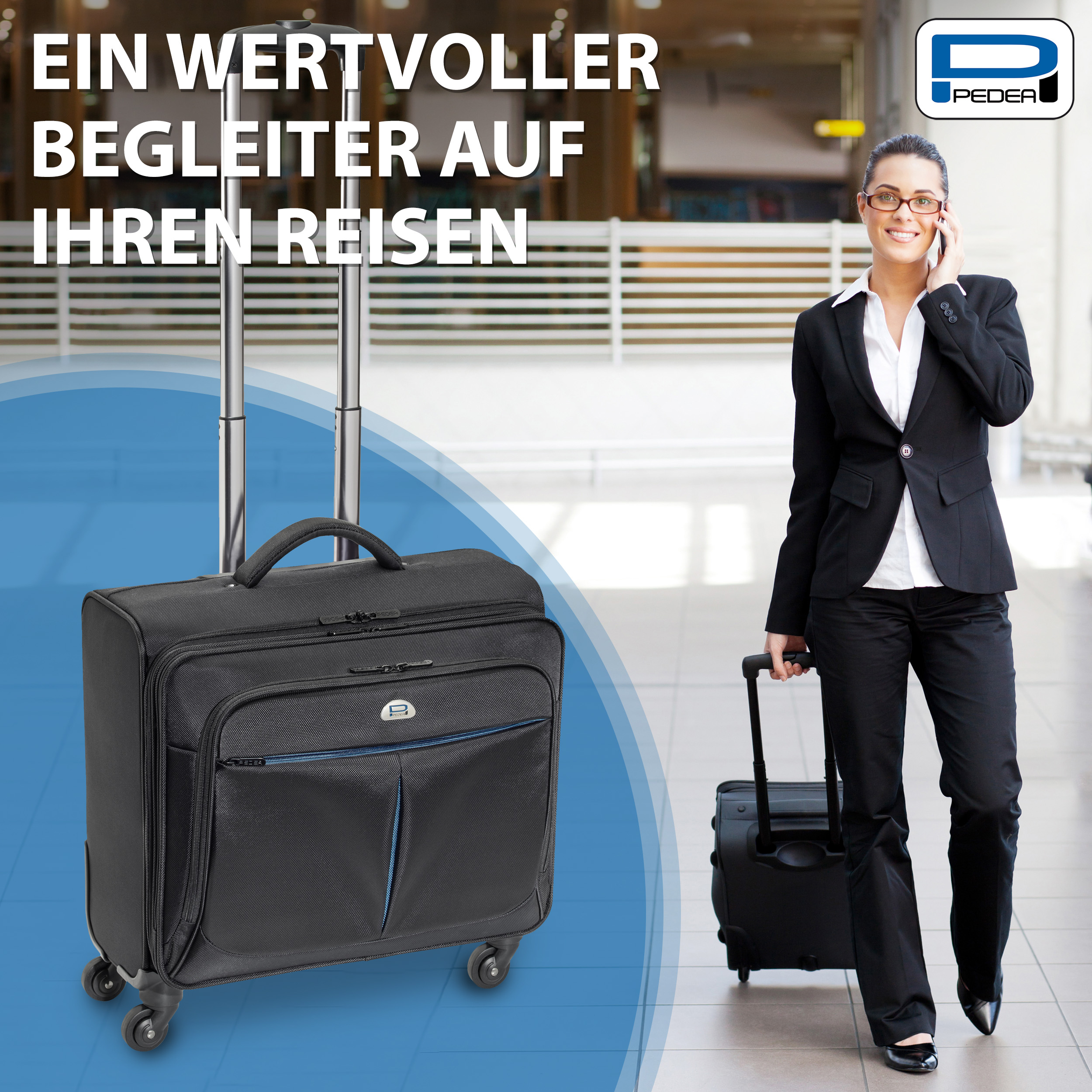 Eine Frau und zwei Koffer. Text auf Deutsch: Ein wertvoller Begleiter auf Ihren Reisen.