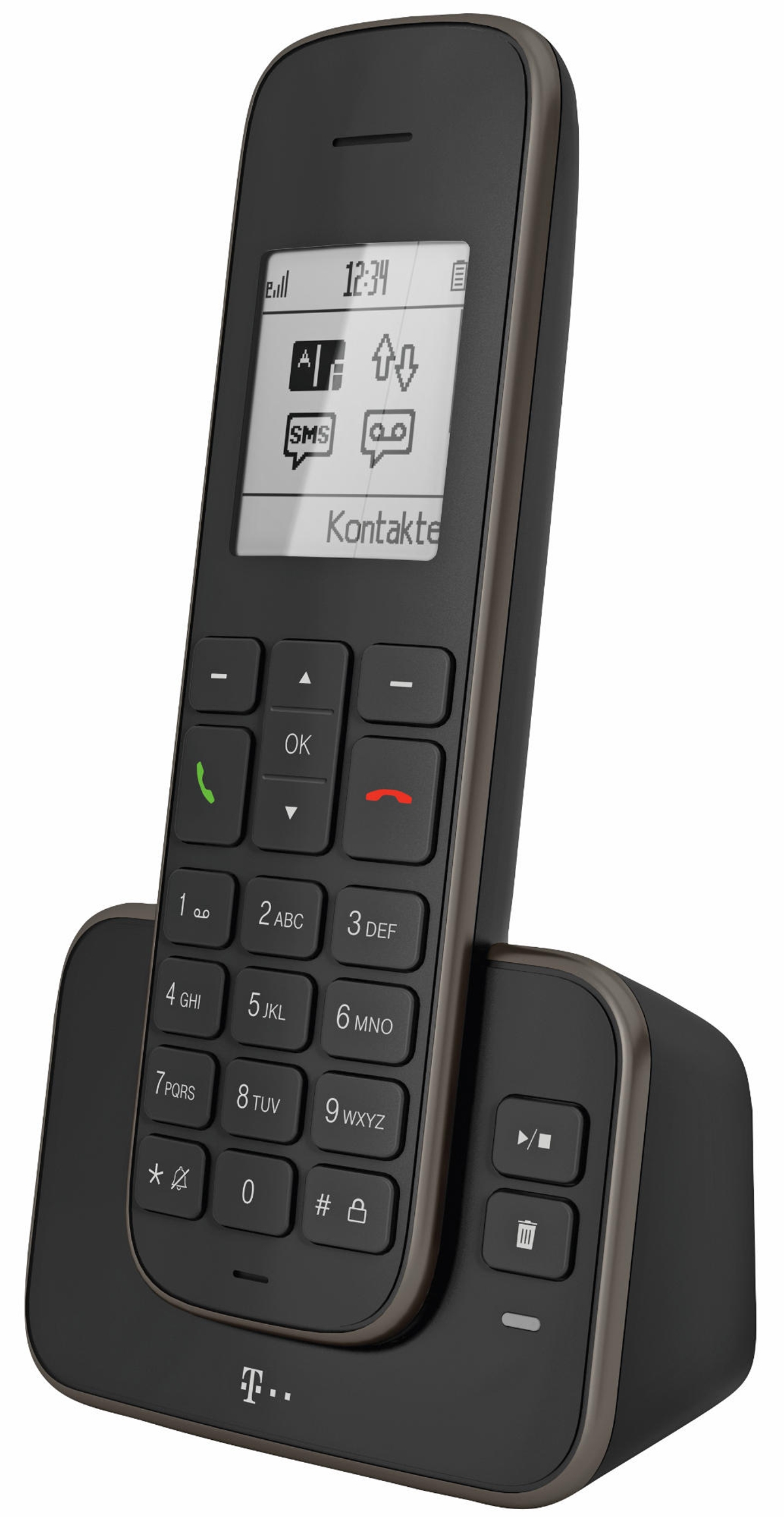 Téléphone sans fil noir avec une base. L'écran affiche l'heure et les éléments de l'interface.
