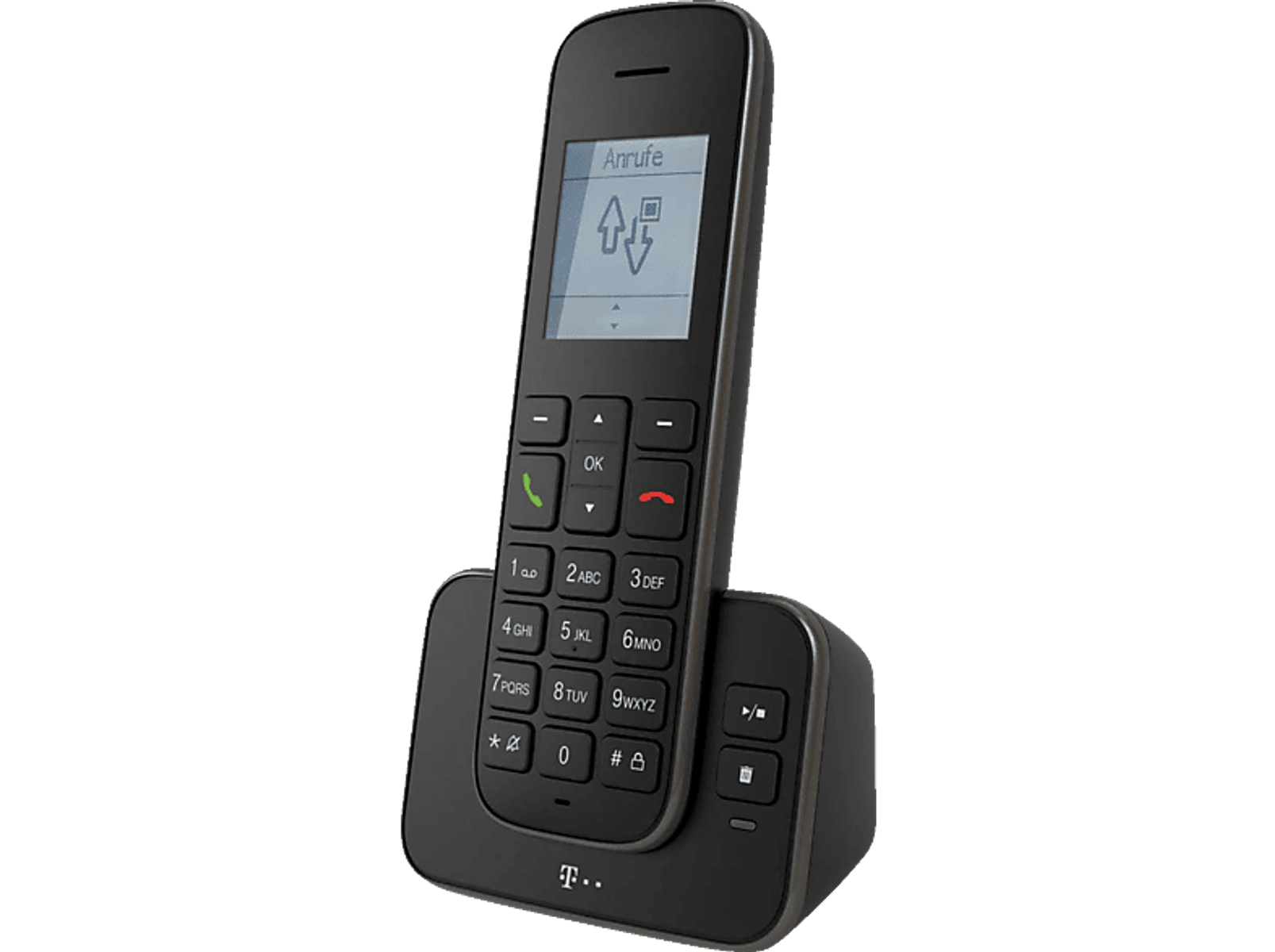 Téléphone sans fil noir sur son socle. L'écran affiche un menu. Le fond est noir.