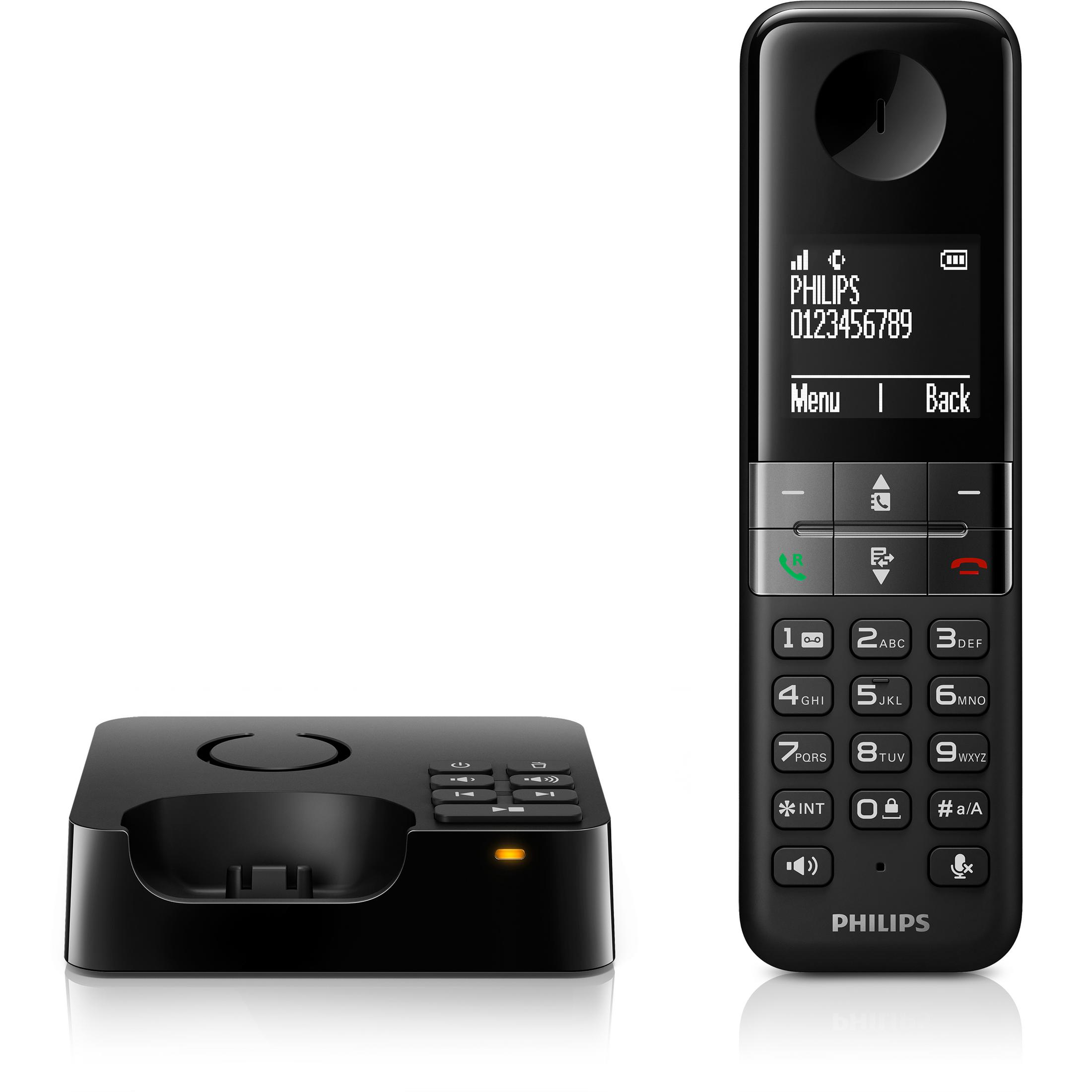 Téléphone sans fil noir et base, fond blanc. Le téléphone affiche des numéros.