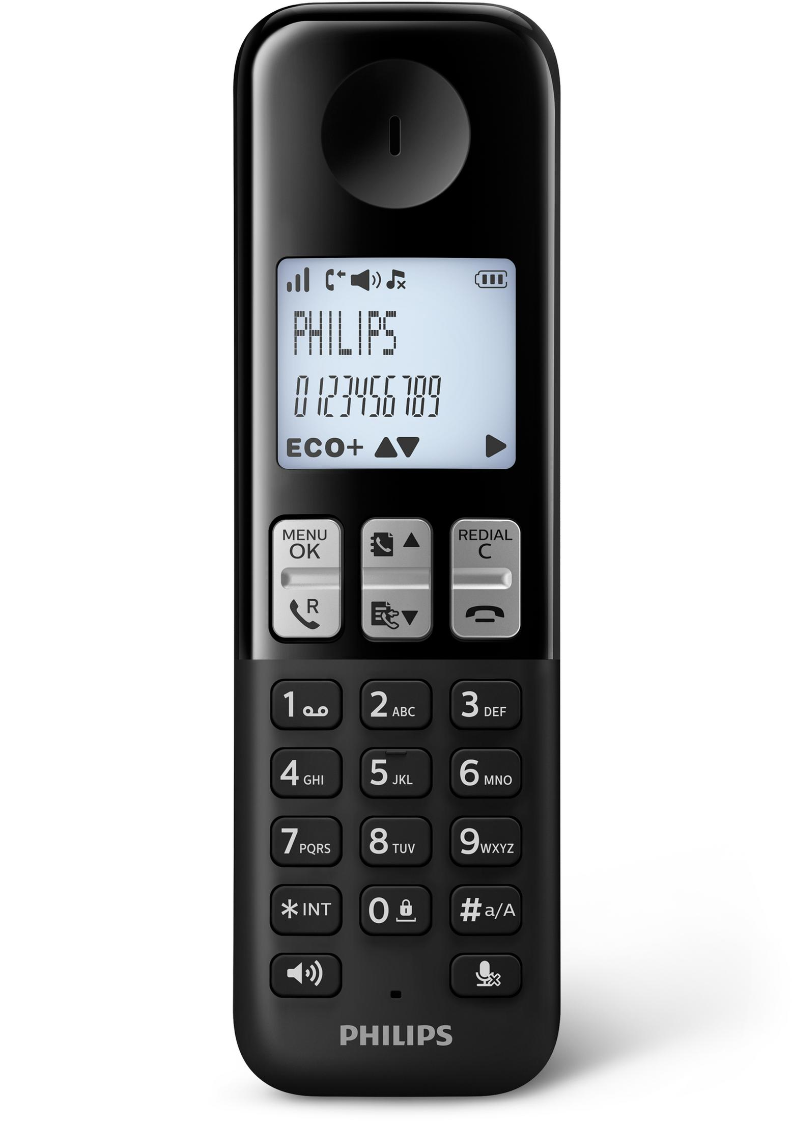 Schwarzes Philips Schnurlostelefon mit Tasten und Display. Das Telefon zeigt eine Nummer.