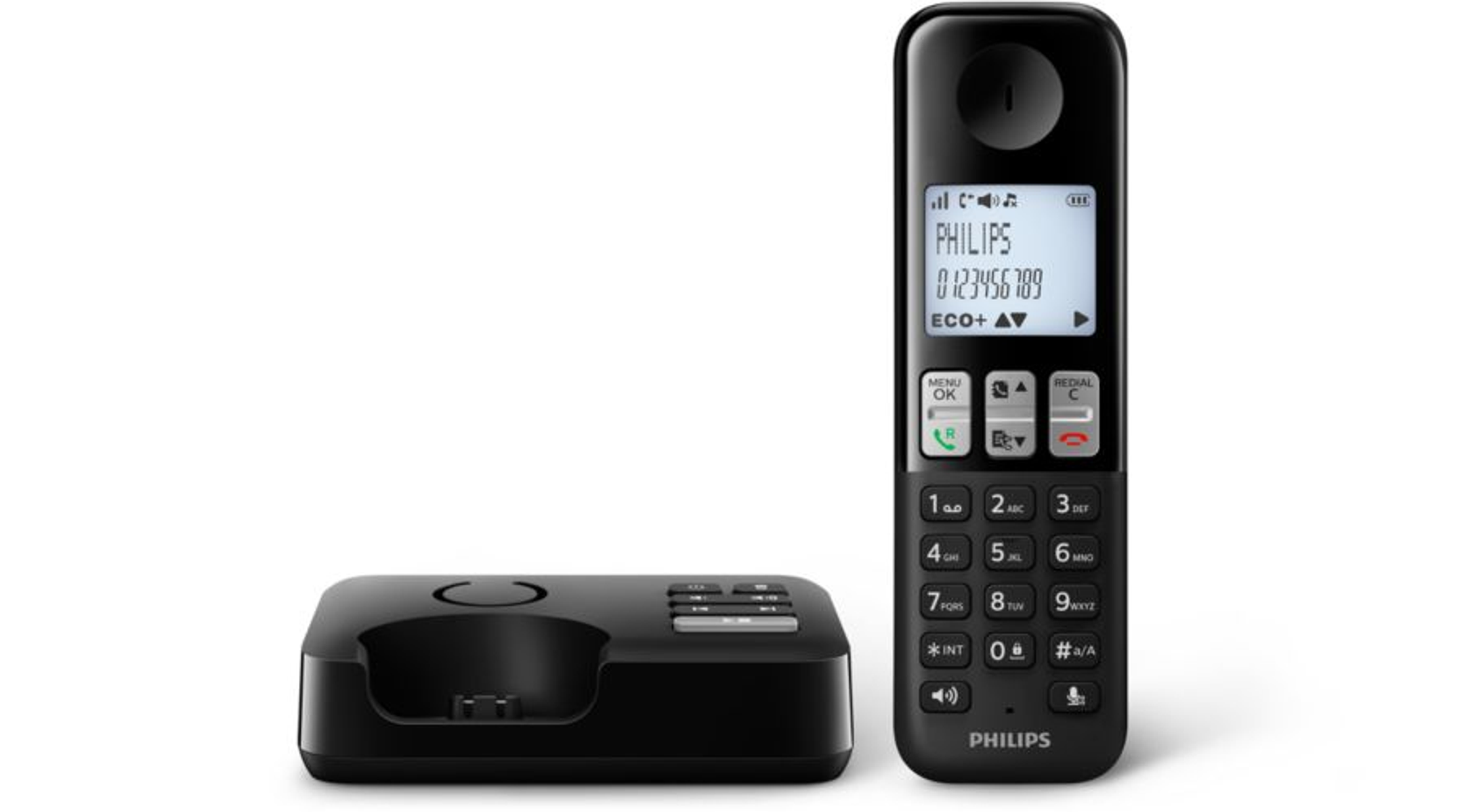 Ein schwarzes schnurloses Telefon und seine Ladestation auf weißem Hintergrund.