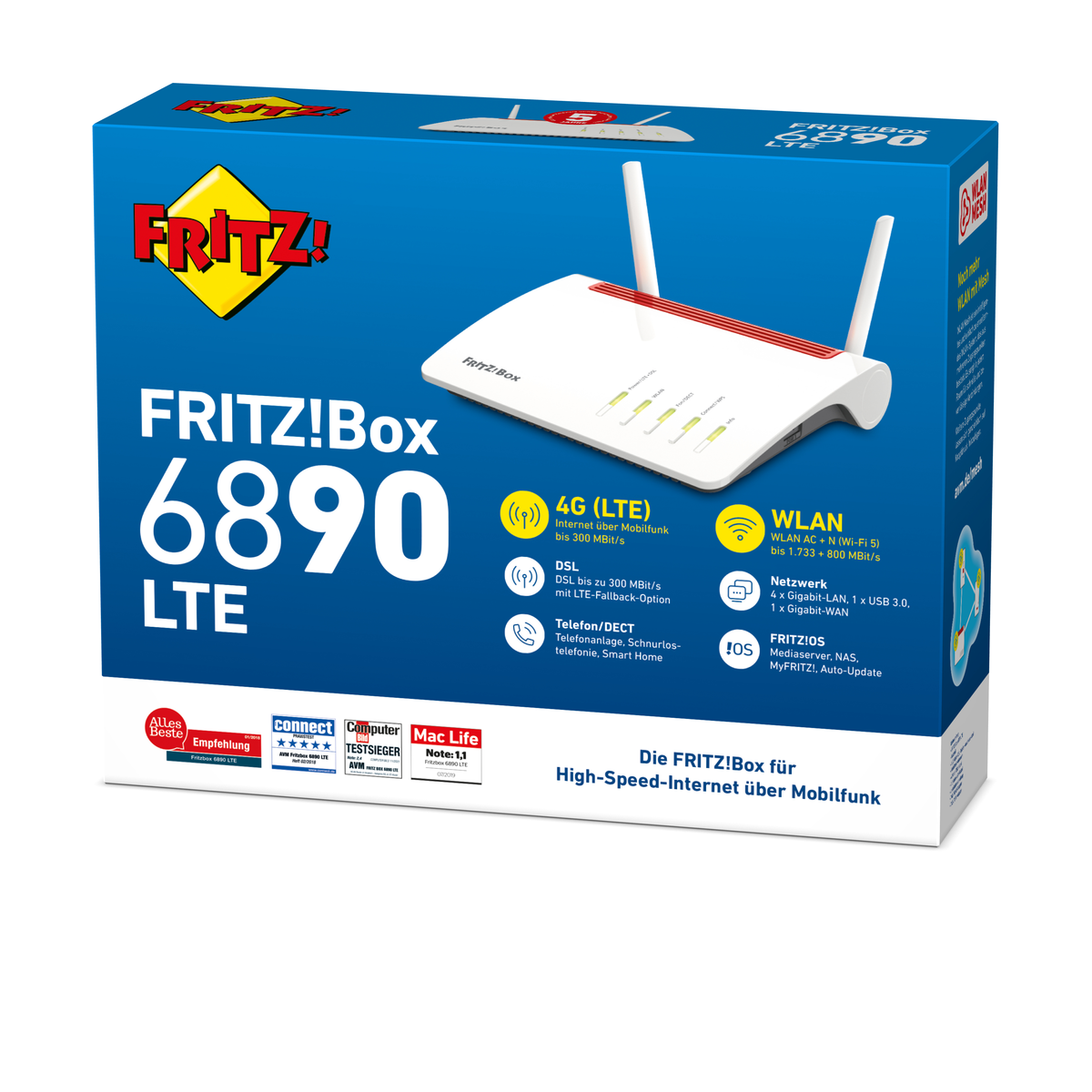 Biało-czerwone pudełko routera FRITZ!Box 6890 LTE. Posiada ikony 4G, WLAN, DSL i innych funkcji.