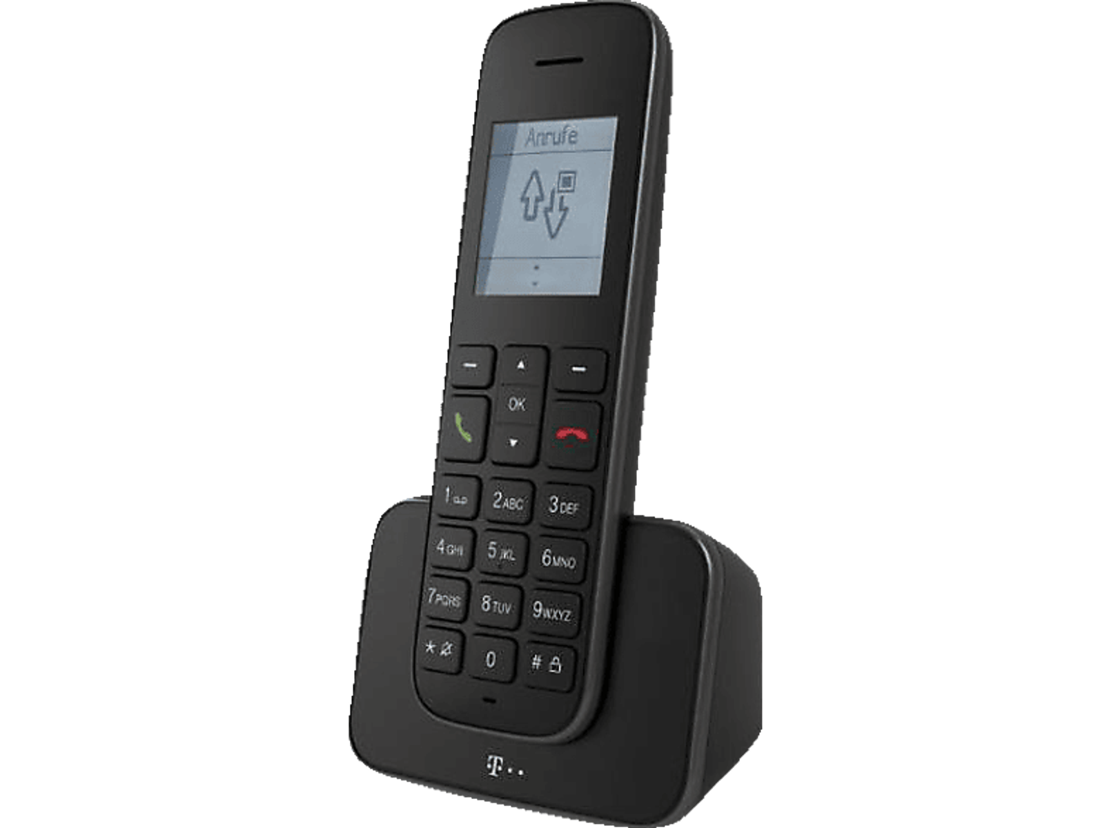 A black cordless phone with a charging base on a black background. The screen displays an incoming call icon.