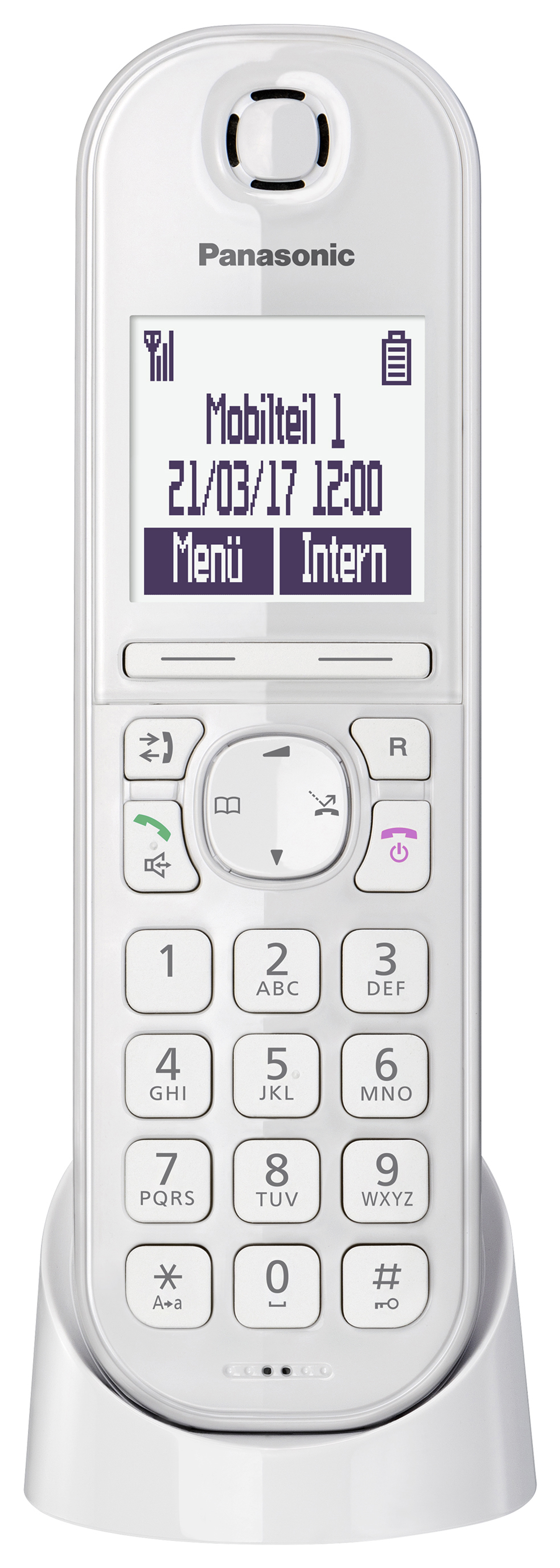 Telefono cordless bianco con base. Lo schermo mostra ora e data. Sfondo bianco.