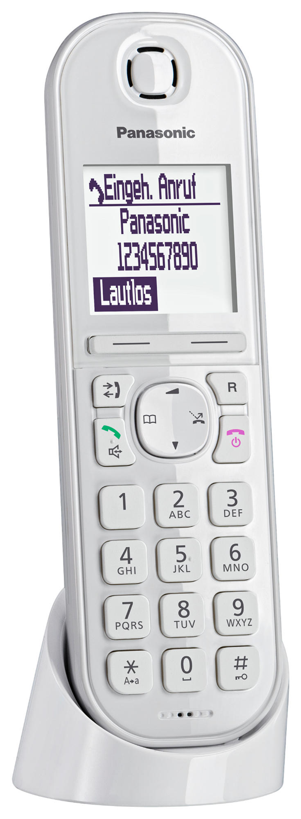 Telefono cordless bianco con schermo che mostra le informazioni sulla chiamata in arrivo.