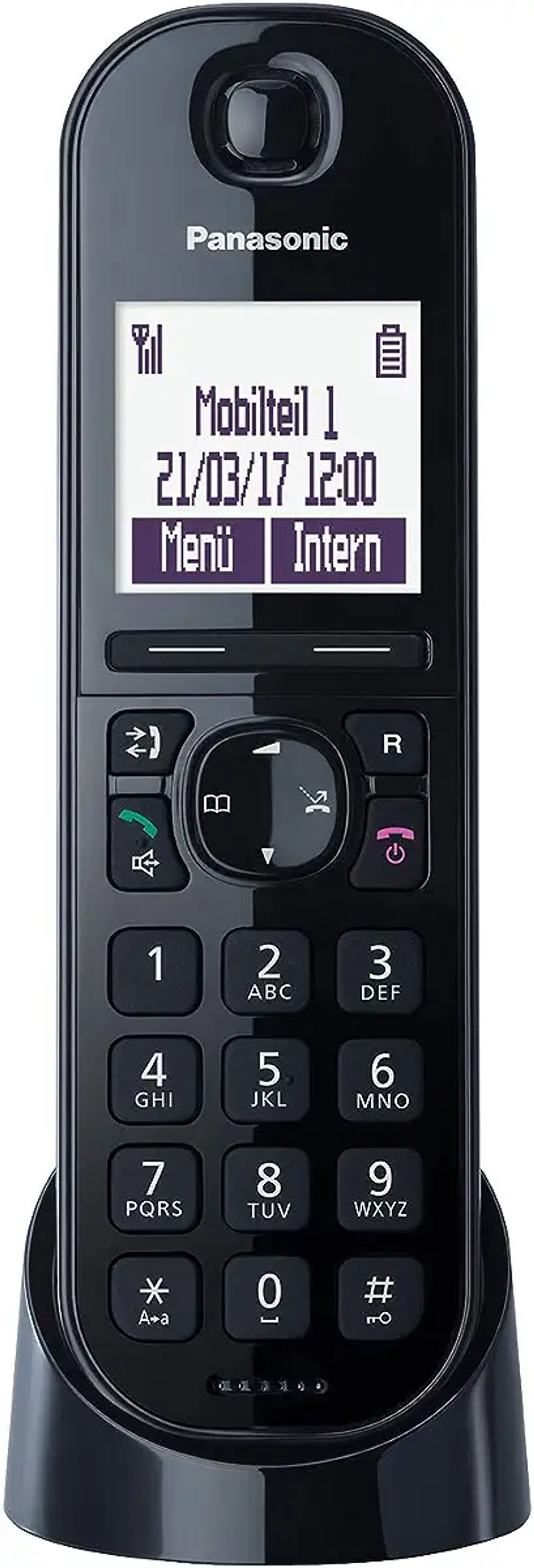 Telefono cordless Panasonic nero con base. Il display mostra l'ora e la data.