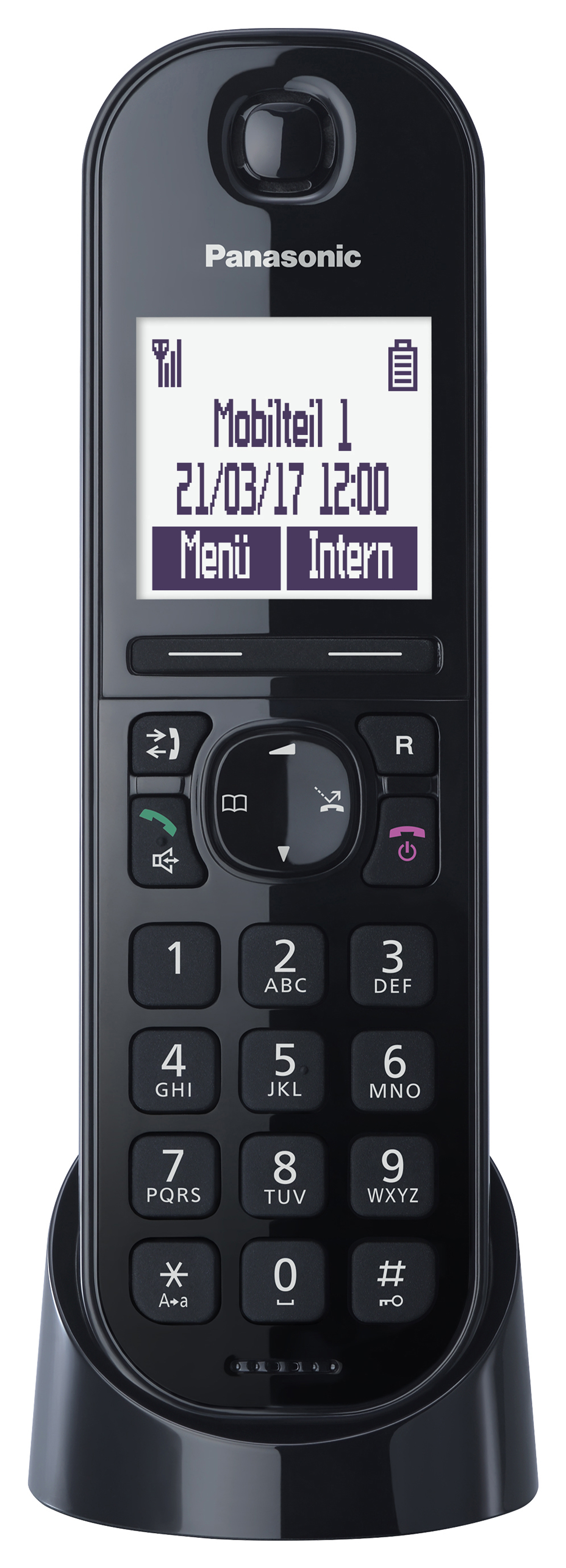 Telefono cordless nero con base. Lo schermo mostra ora, data e opzioni del menu.