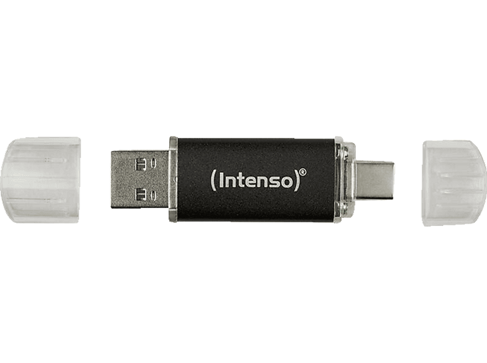 Czarny pendrive USB z nadrukowaną marką (Intenso), z białymi nasadkami na obu końcach.