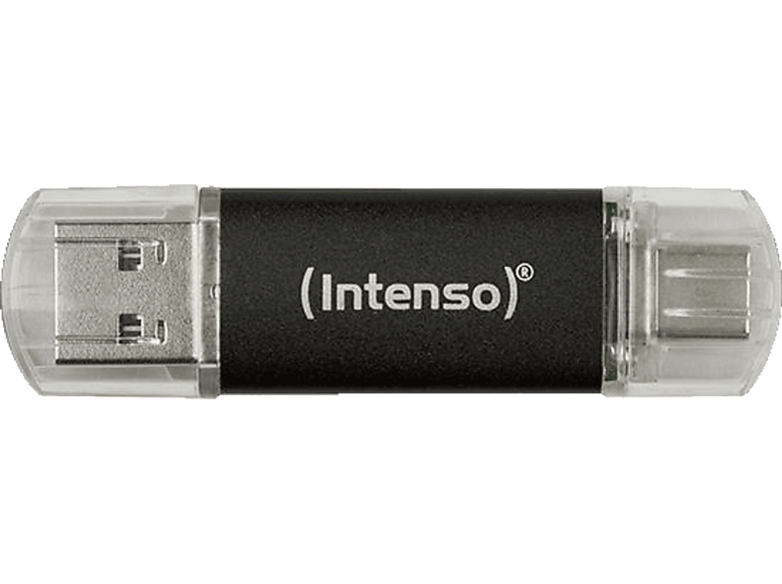 Czarny i srebrny pendrive Intenso z przezroczystymi nakładkami.