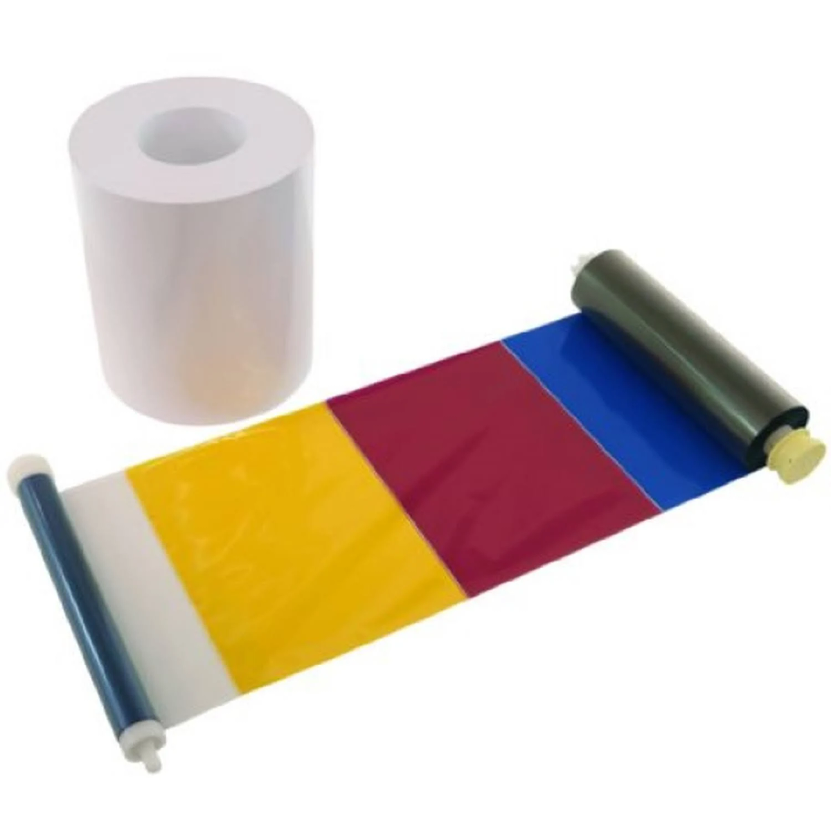 Rotolo di carta da stampa e rotoli di inchiostro. I colori dell'inchiostro sono giallo, bordeaux, blu e nero.