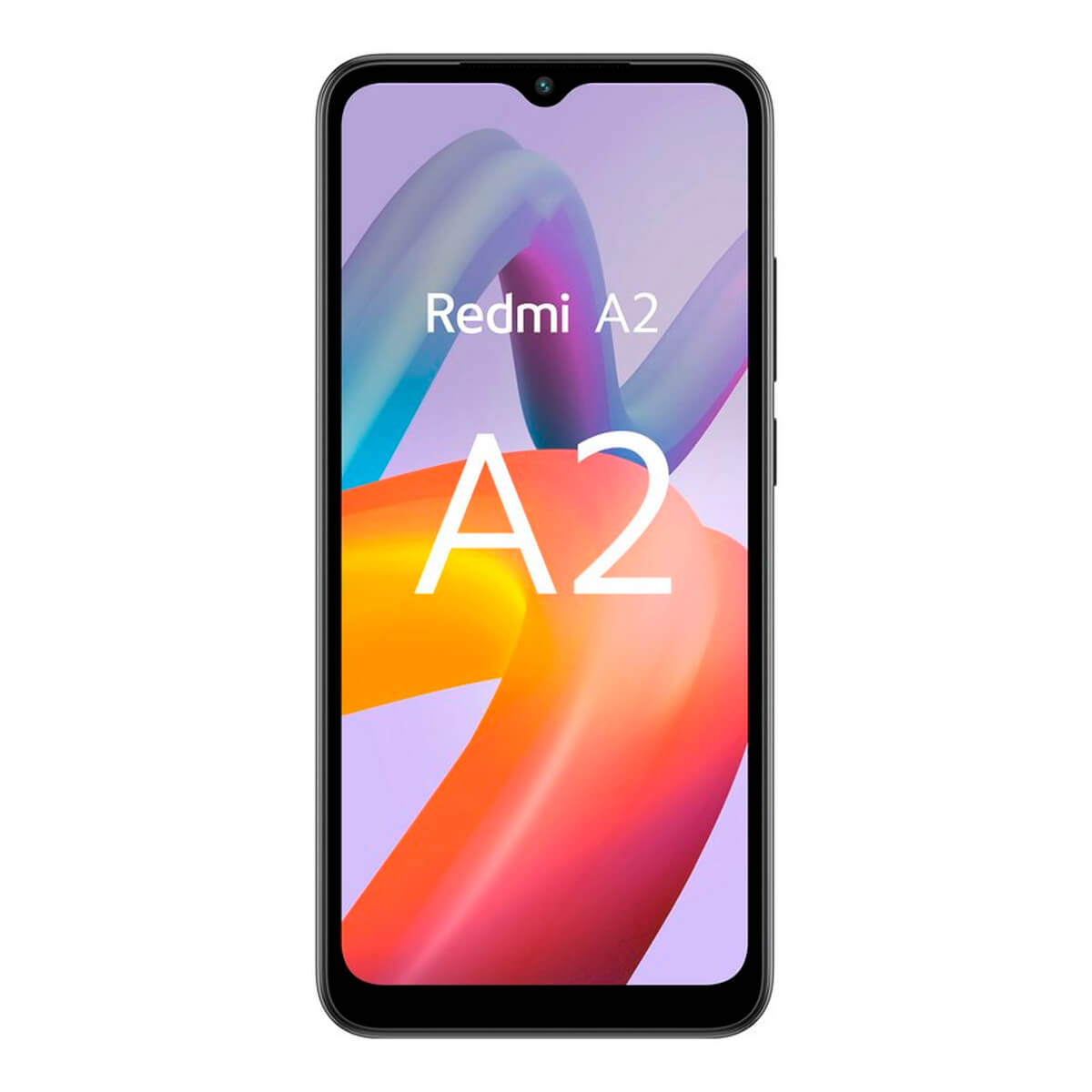 Czarny smartfon Redmi A2 wyświetla kolorowy abstrakcyjny obraz. Telefon ma przedni aparat.