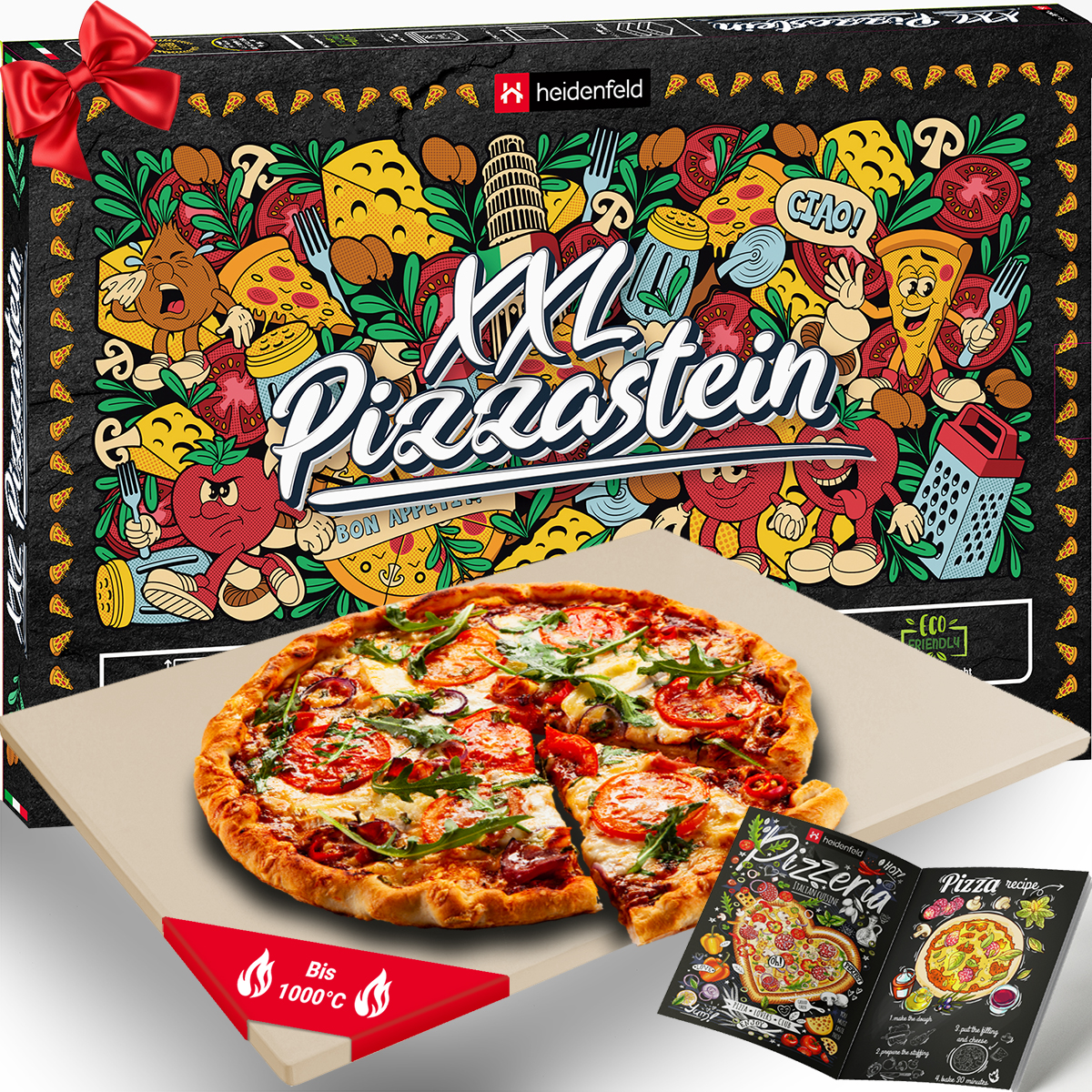 HEIDENFELD XXL-Pizzastein 46.5 x 35.5 x oder Pizzastein, weiß Cordierit, für rechteckig, 1.5 Grill Backofen cm