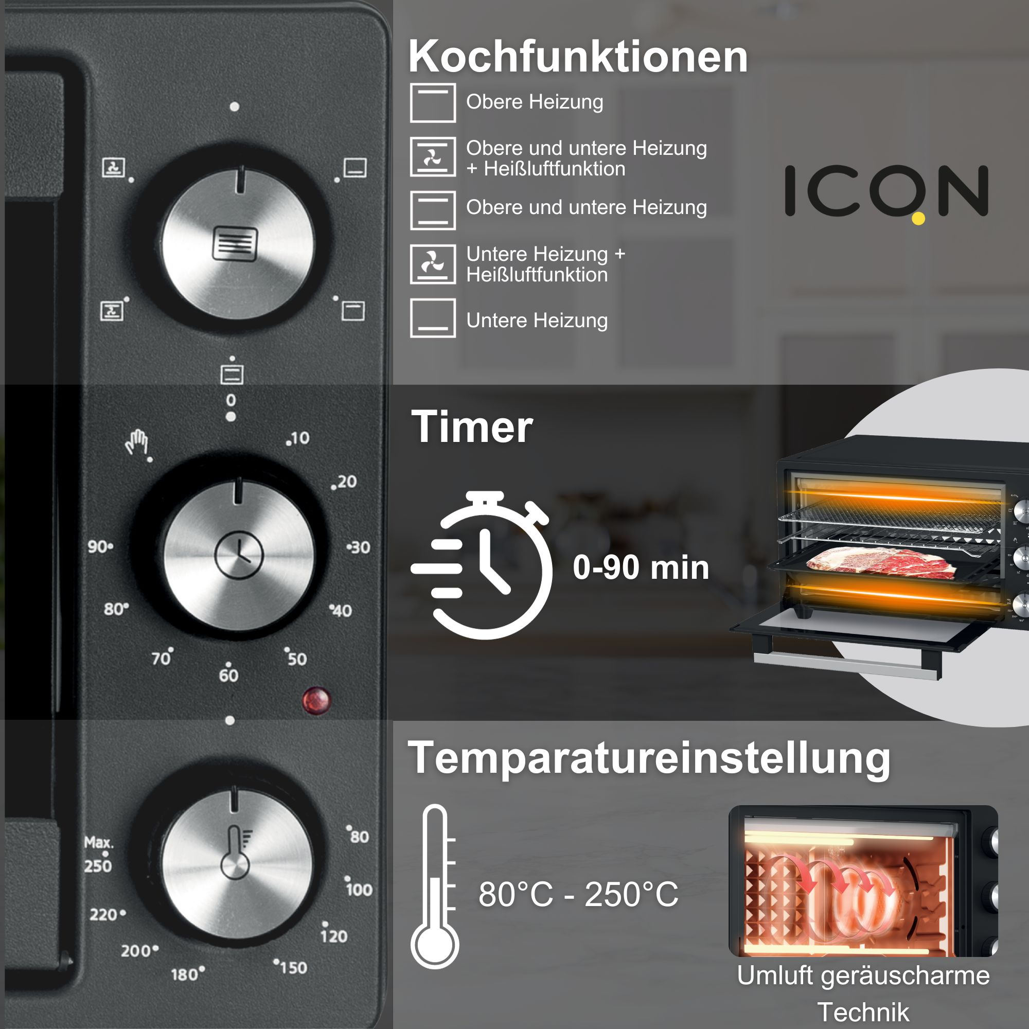 ICQN 20 L, 1500 80°-250°C, Grill-Funktion, Minibackofen Timer 5 90 W, Min