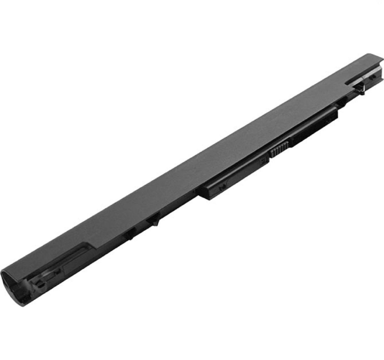 Ein schwarzer Laptop-Akku, lang und rechteckig, mit wenigen Merkmalen, ist auf weißem Hintergrund isoliert.