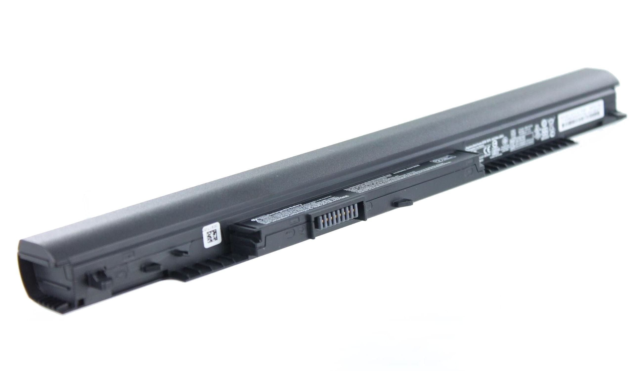 Schwarzer Laptop-Akku, rechteckige Form, auf weißer Oberfläche. Stecker sichtbar.