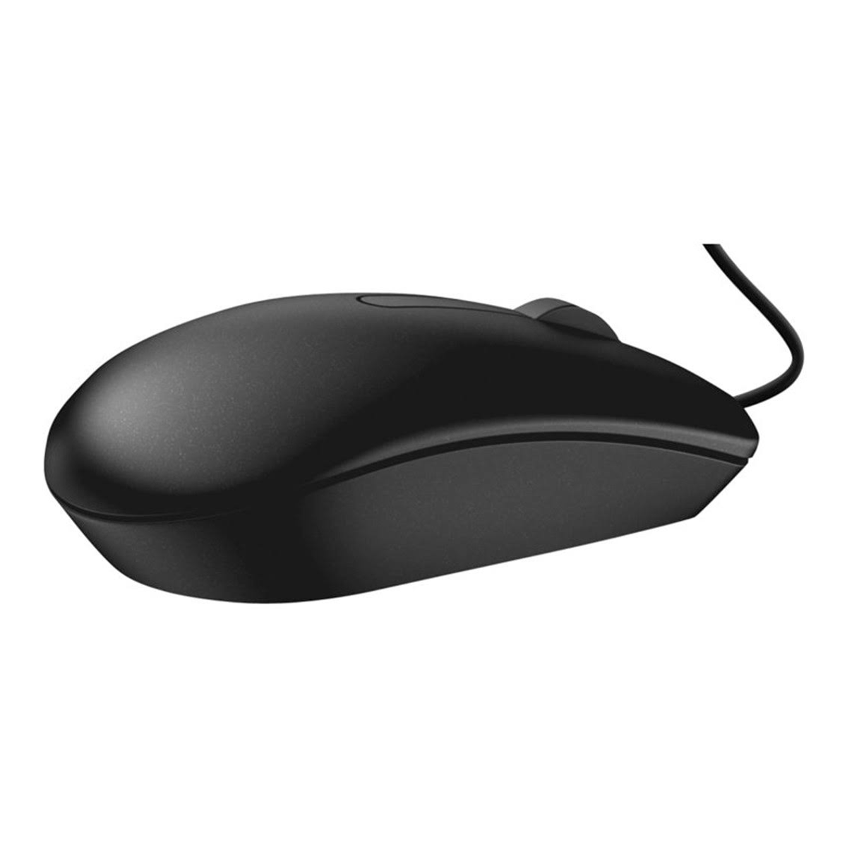 Black computer mouse with a cord. The mouse is on a white surface. Simple design.