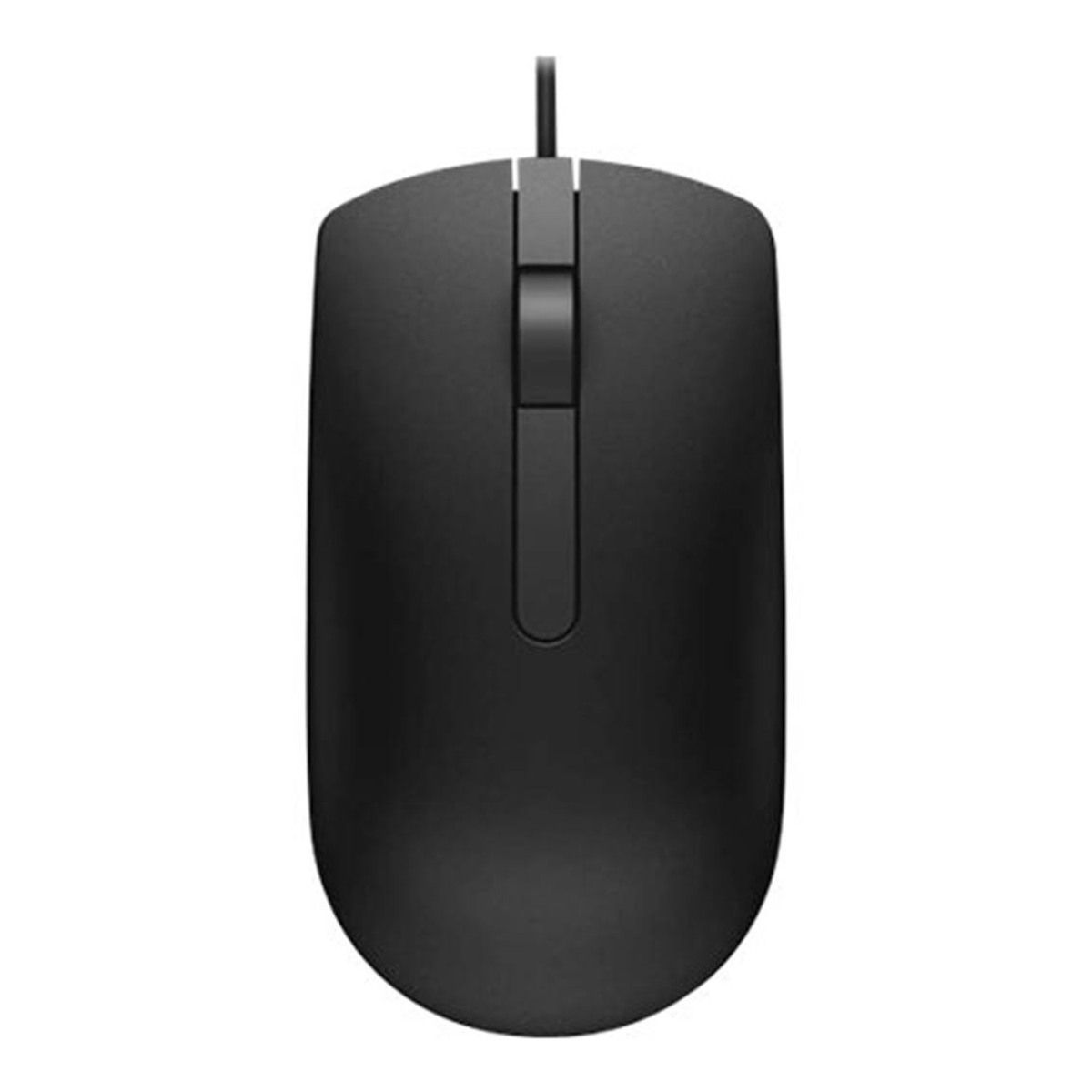 A black computer mouse with a cord. It has a scroll wheel and two buttons.