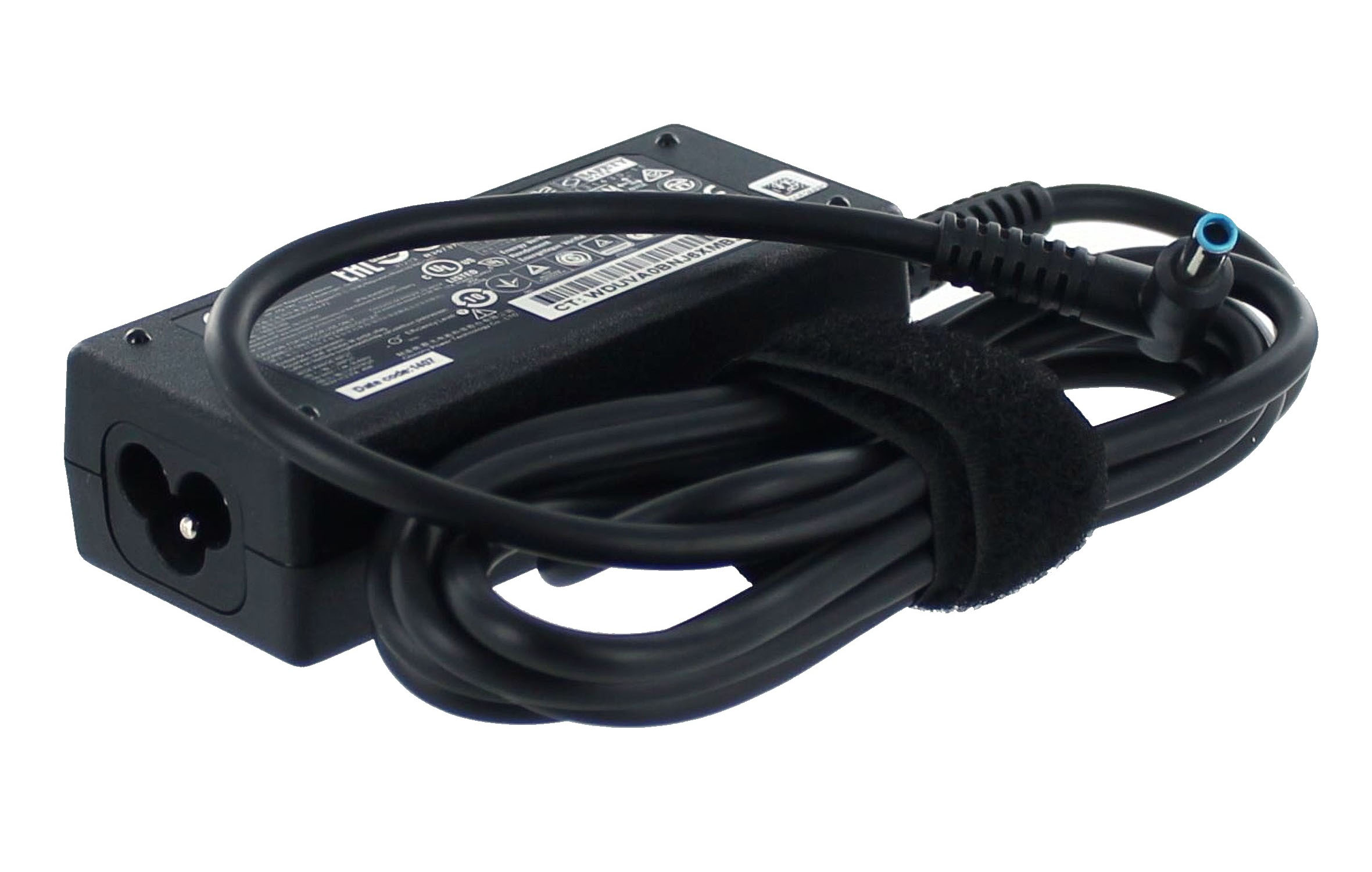 Schwarzes HP-Ladegerät, schwarzes Kabel mit blauem Stecker. Kabel mit Klettverschluss.