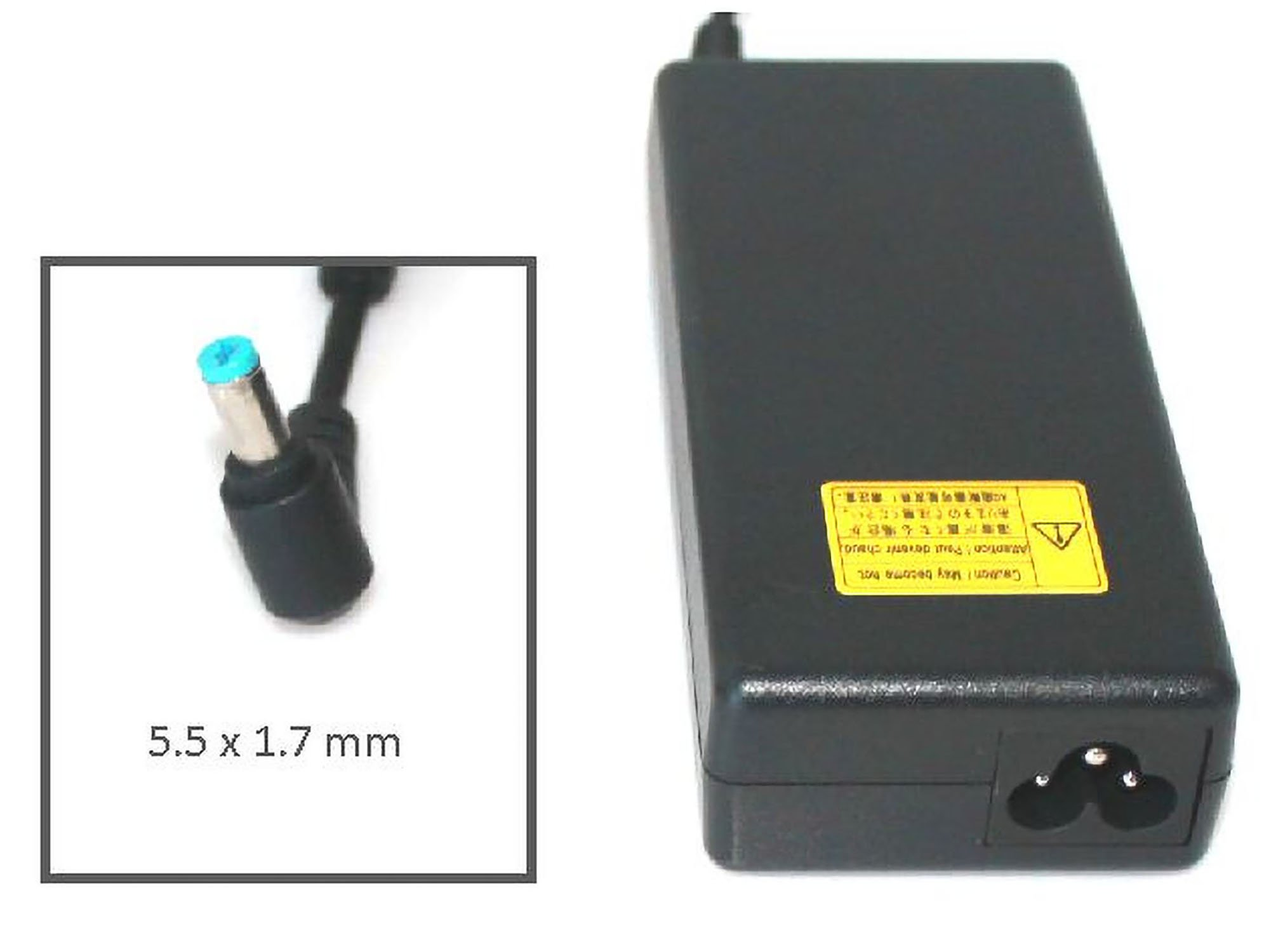 Schwarzes Laptop-Ladegerät mit 5,5 x 1,7 mm Stecker. Schwarzes Gehäuse mit gelbem Aufkleber und Zweipolstecker.