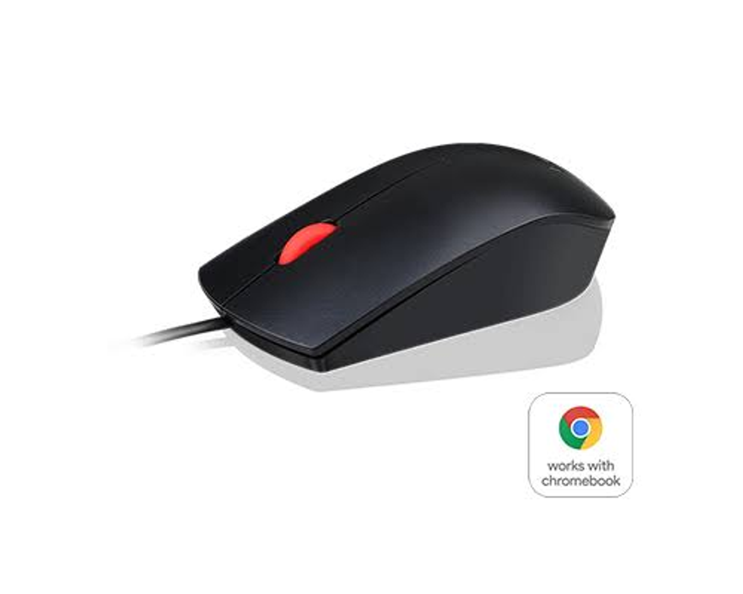 Czarna mysz komputerowa z czerwonym kółkiem przewijania, na białej powierzchni. Działa z Chromebookiem.