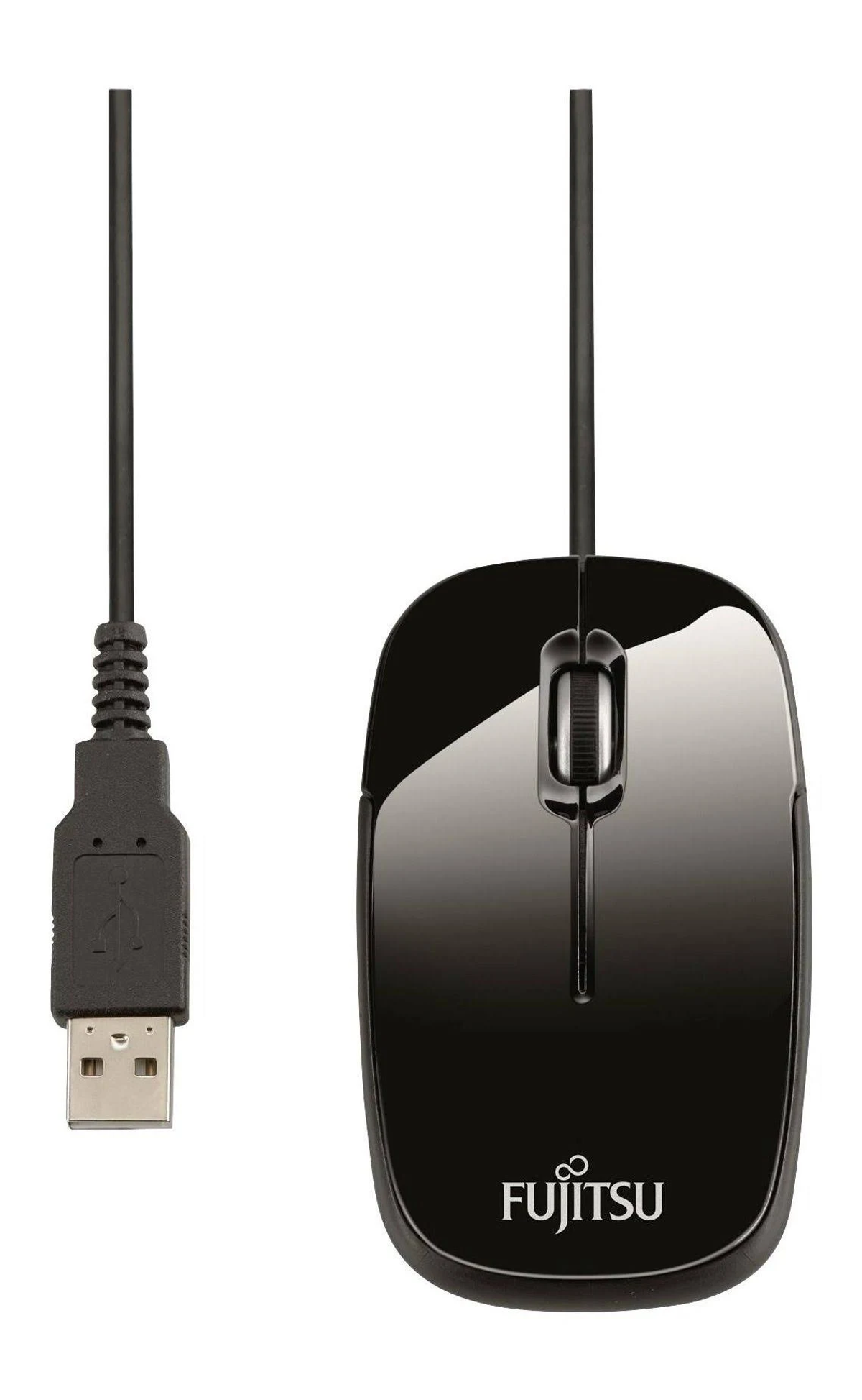 Czarna mysz komputerowa z kablem USB. Posiada błyszczącą powierzchnię i logo.