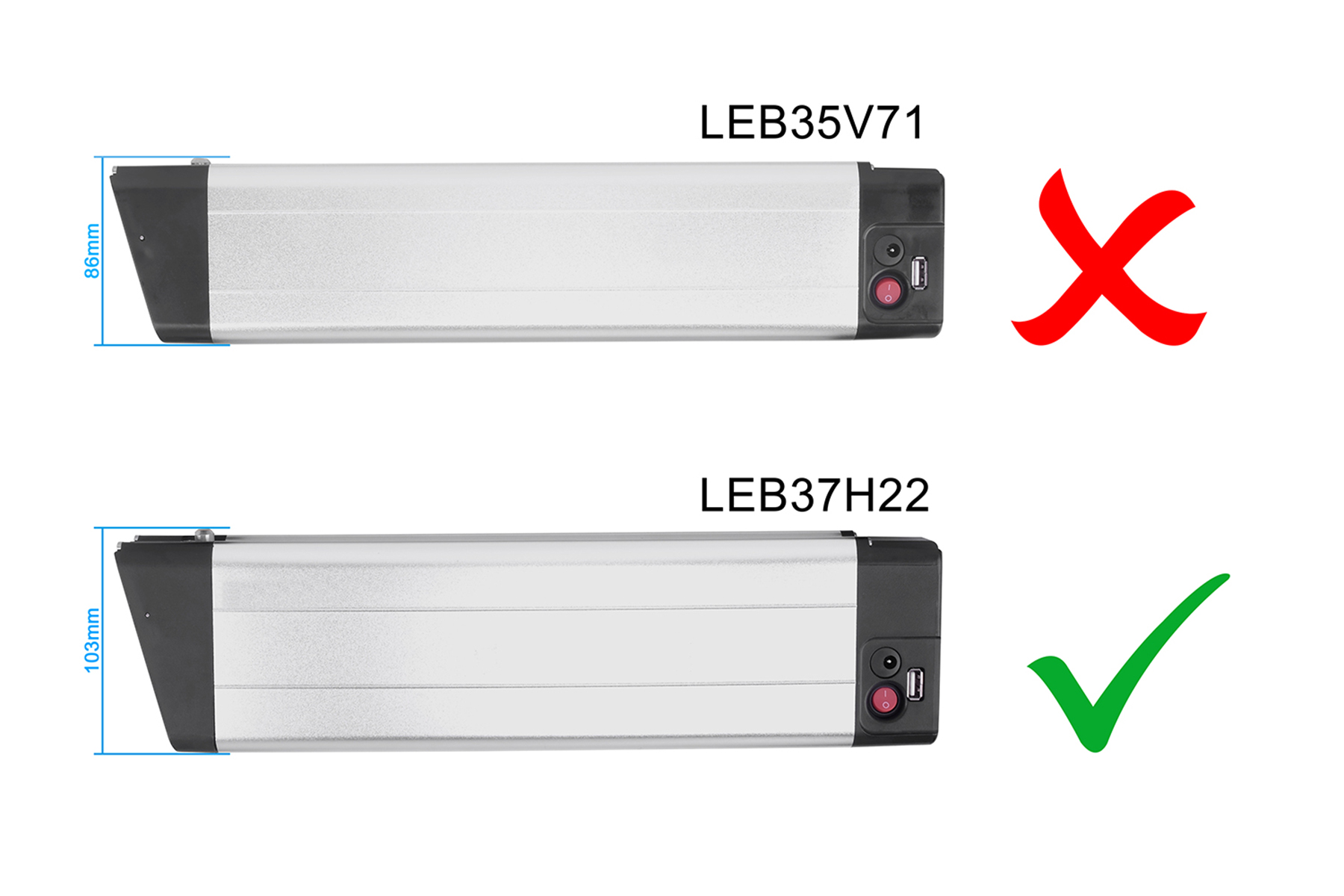 Zwei silberfarbene E-Bike-Akkus. Einer mit rotem Kreuz, der andere mit grünem Haken.