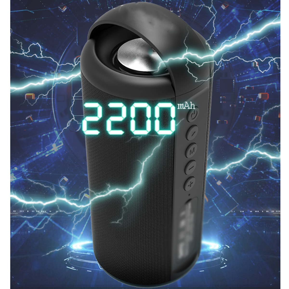 Schwarzer tragbarer Lautsprecher mit Digitalanzeige, die 2200 mAh und Tasten zeigt.
