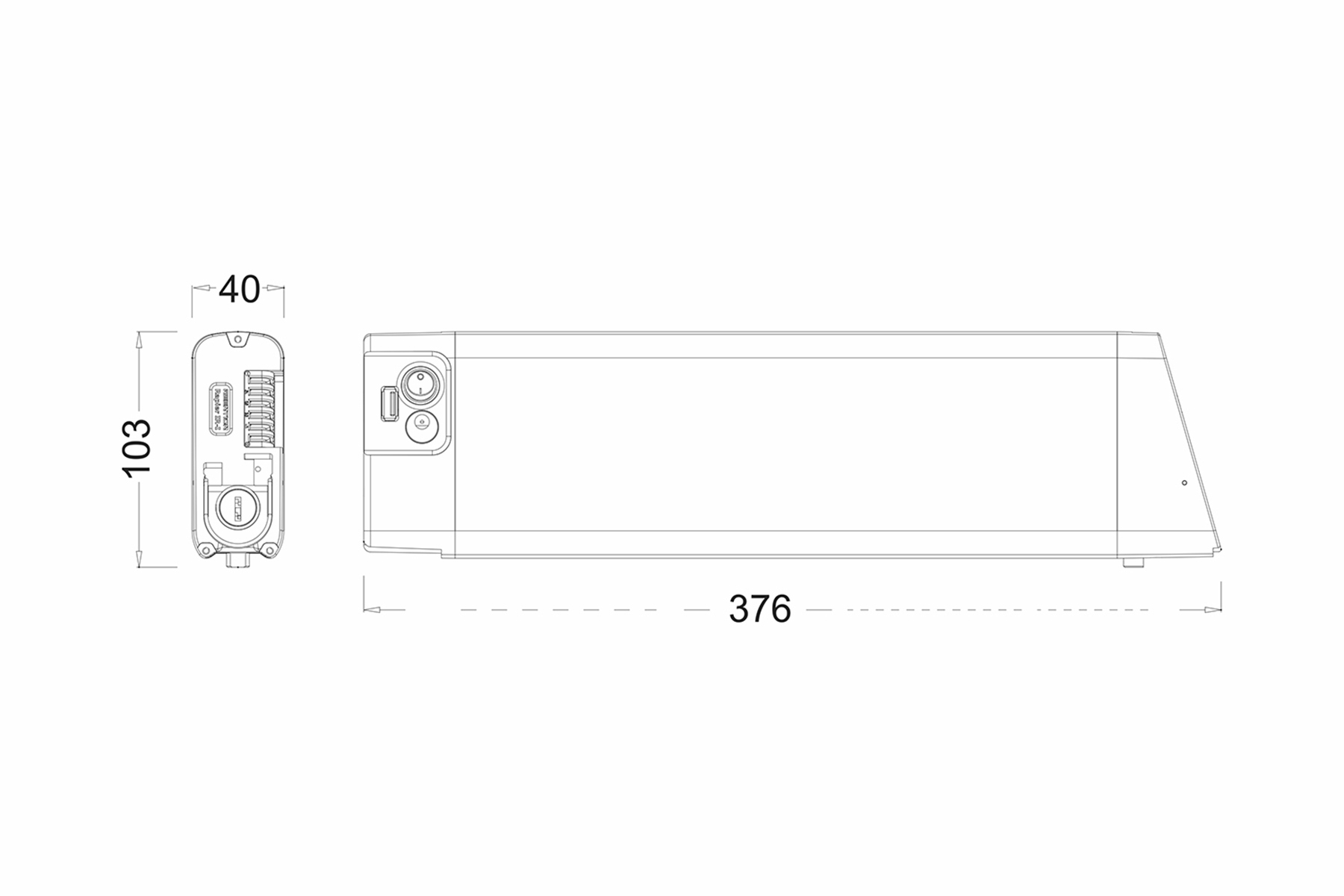 Ein Diagramm, das eine Batterie mit Abmessungen zeigt. Es zeigt Seiten- und Draufsicht und die Größe in mm.