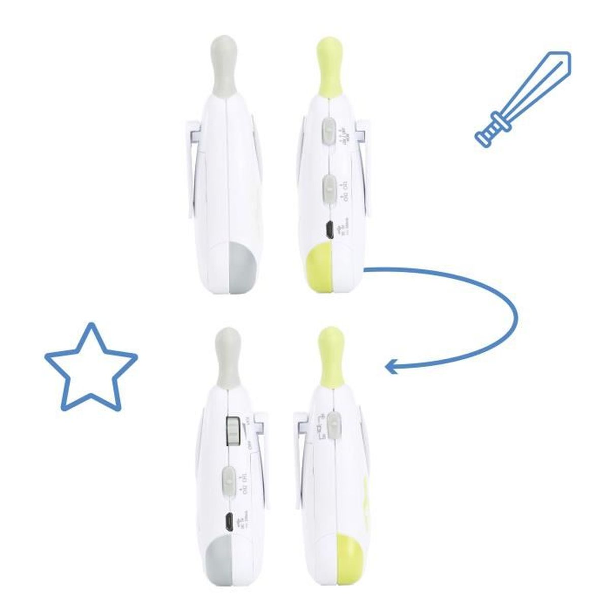 Quattro baby monitor. Due sono in posizione verticale, bianchi con grigio e verde. Sono mostrate icone di una stella e di una spada.